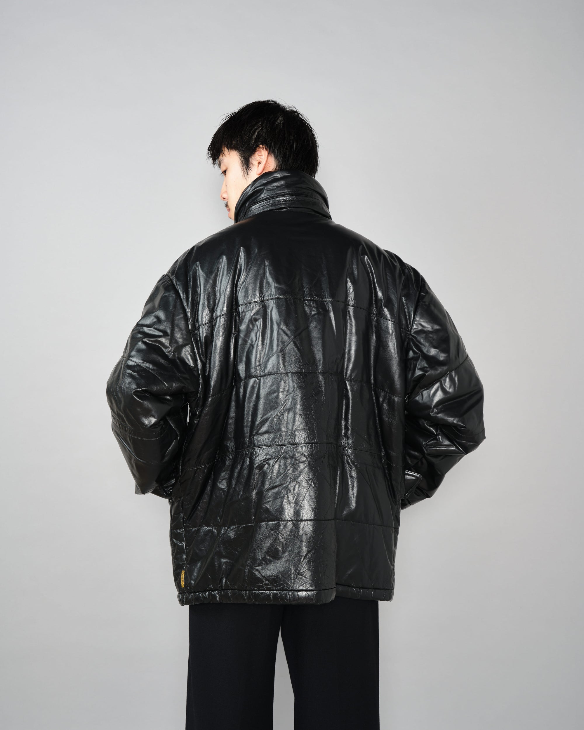［~90’s］Old ARMANI JEANS Black Leather Puffer Jacket Size.52