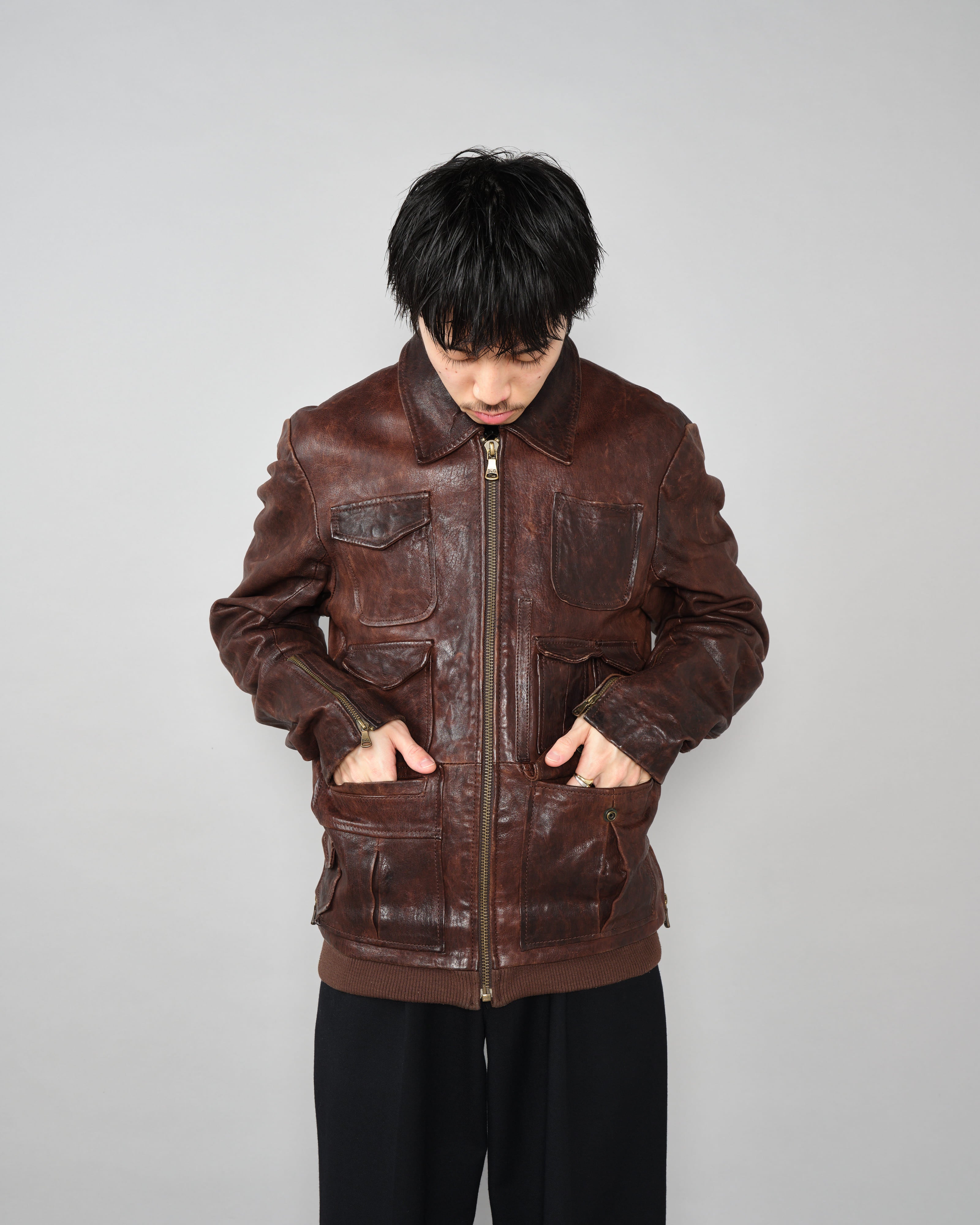 [~00’s] Old DOLCE&GABBANA Multi Pocket Leather Jacket Size.50