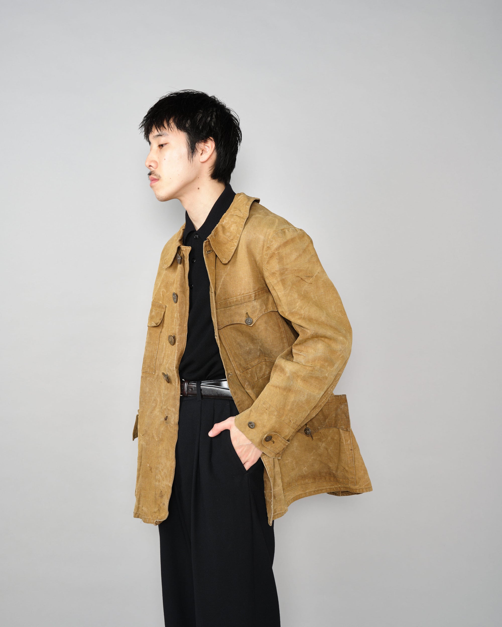［~30’s］French Vintage Linen Canvas Hunting Jacket With Chin Strap