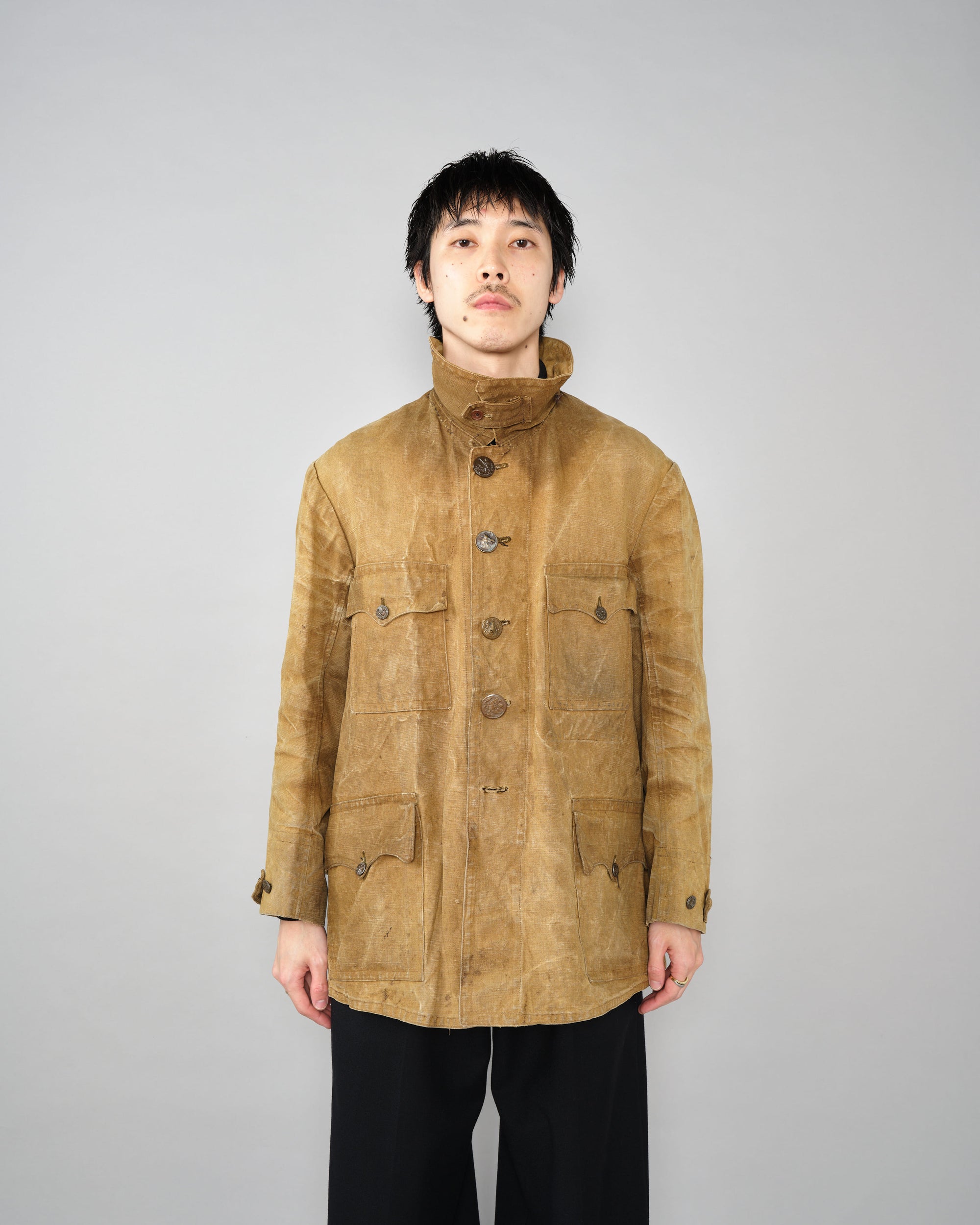 ［~30’s］French Vintage Linen Canvas Hunting Jacket With Chin Strap