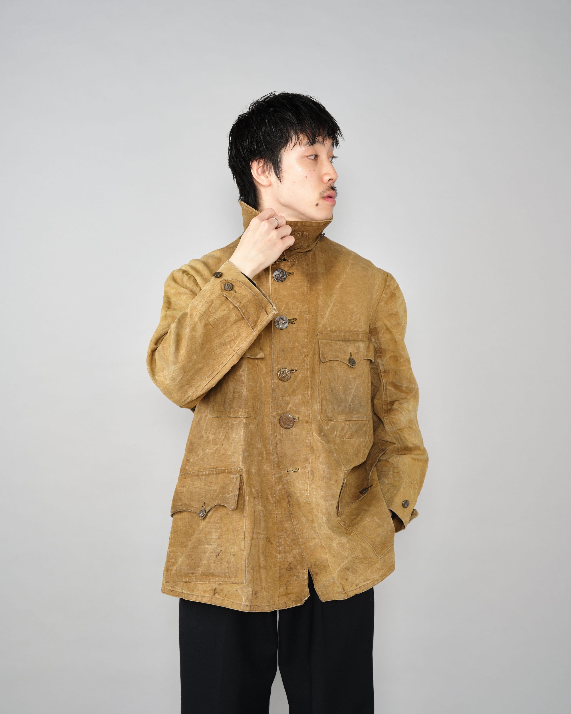 ［~30’s］French Vintage Linen Canvas Hunting Jacket With Chin Strap