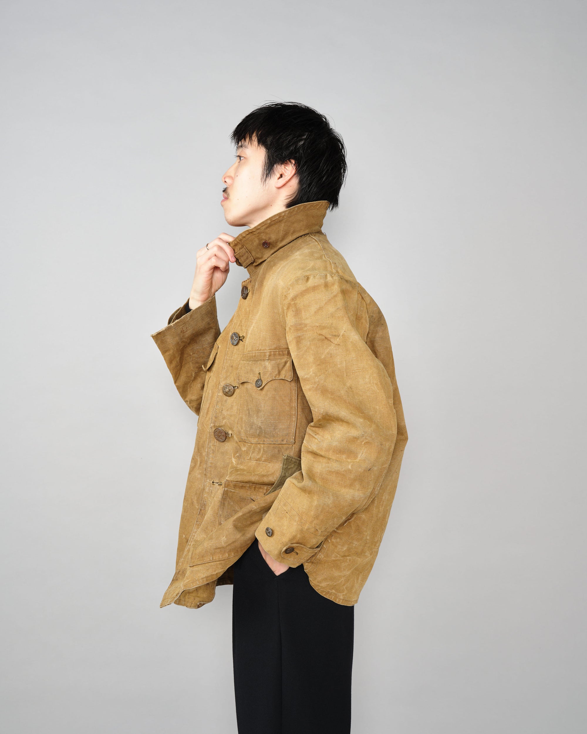 ［~30’s］French Vintage Linen Canvas Hunting Jacket With Chin Strap