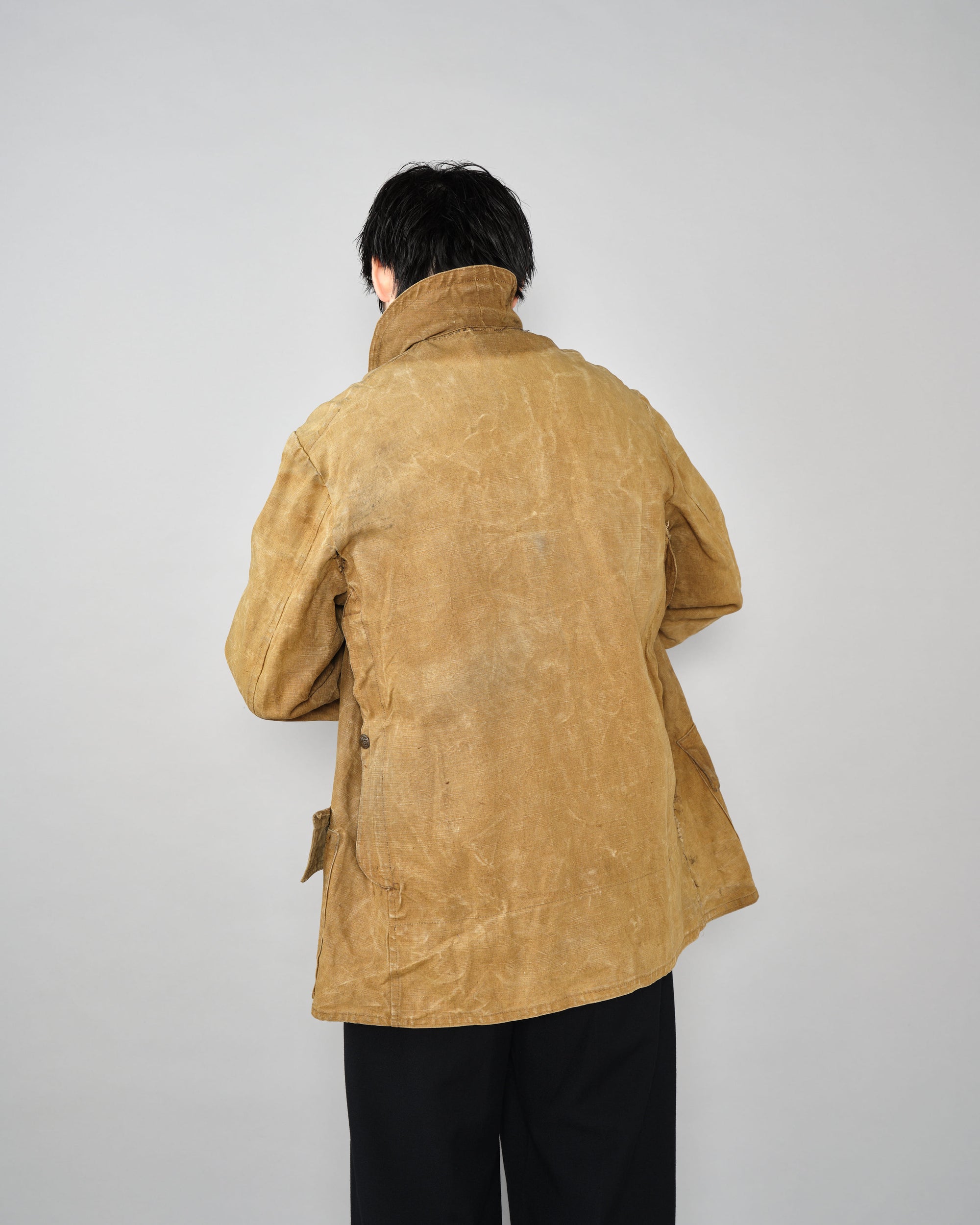 ［~30’s］French Vintage Linen Canvas Hunting Jacket With Chin Strap
