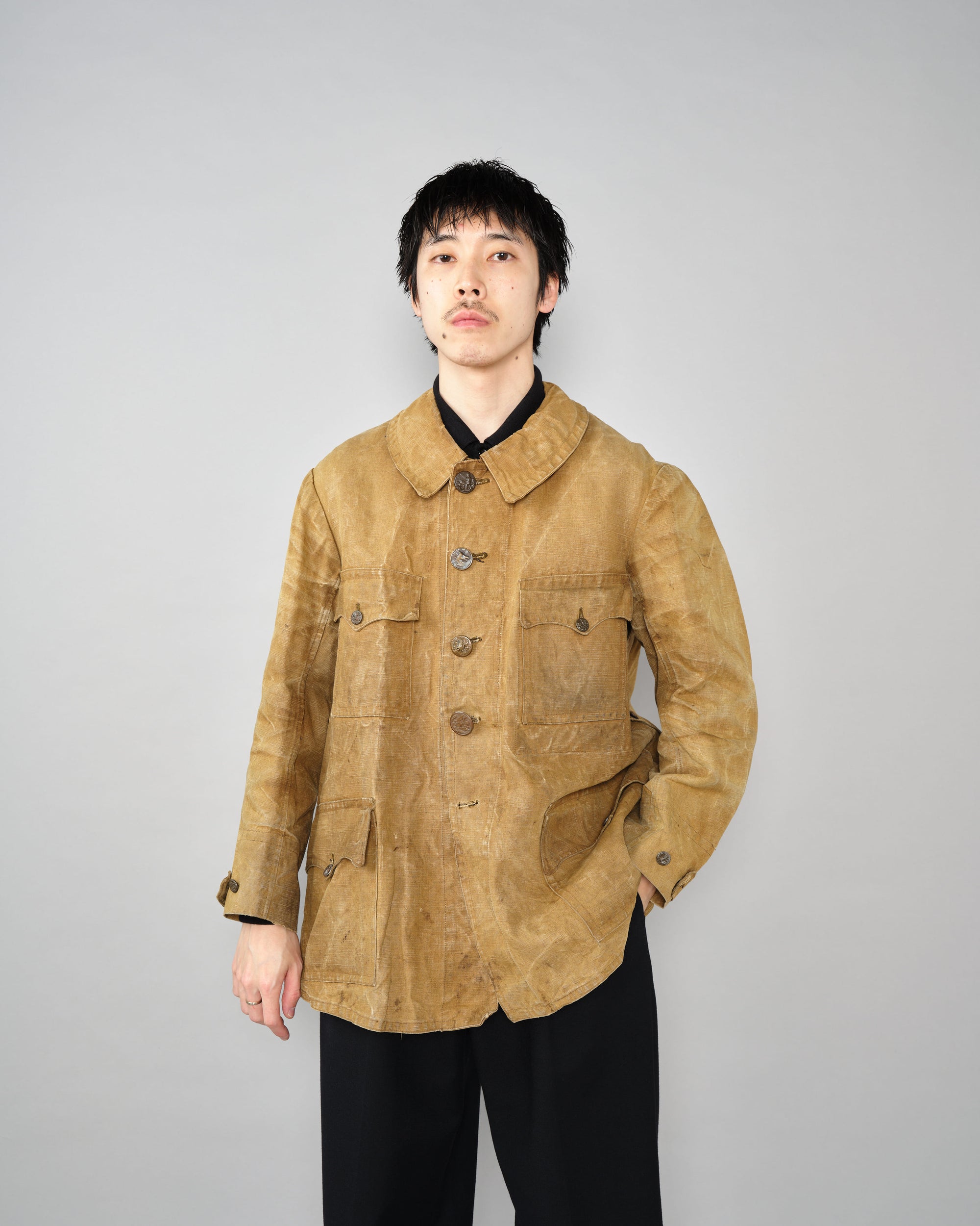 ［~30’s］French Vintage Linen Canvas Hunting Jacket With Chin Strap