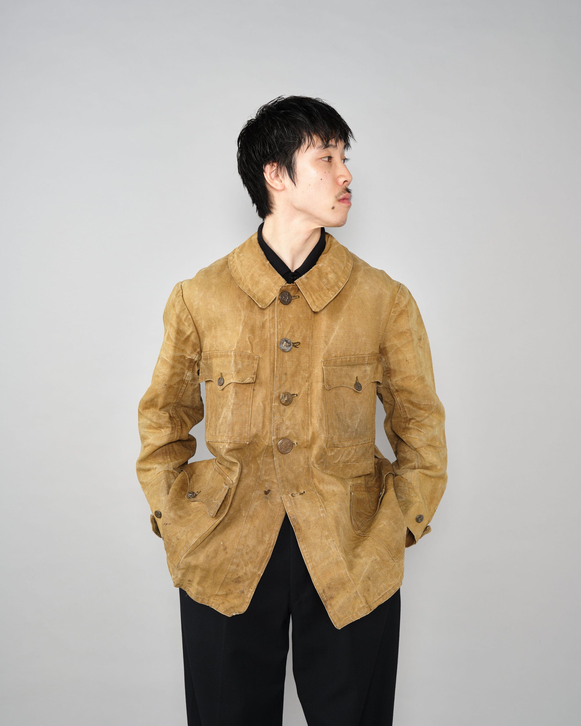 ［~30’s］French Vintage Linen Canvas Hunting Jacket With Chin Strap