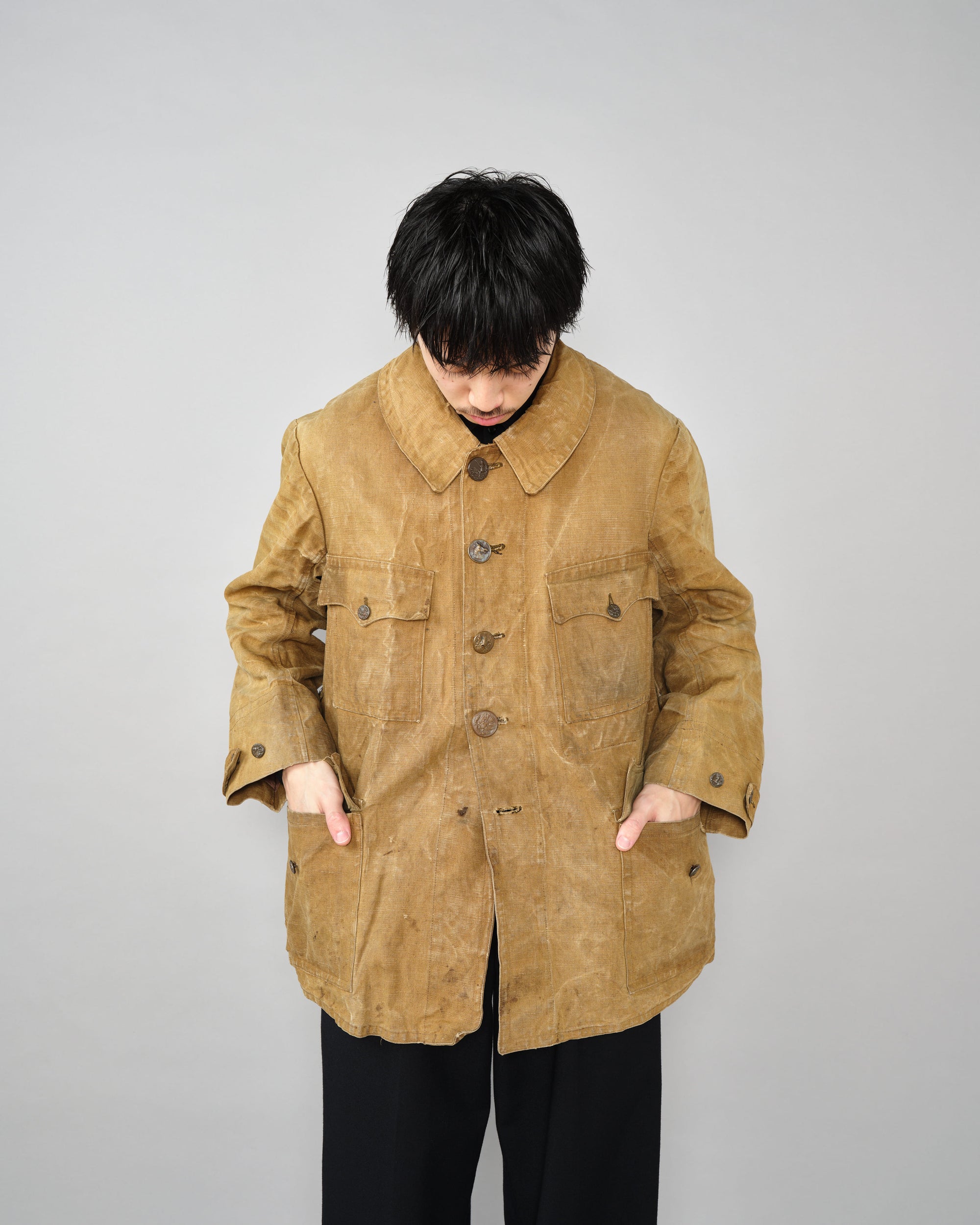 ［~30’s］French Vintage Linen Canvas Hunting Jacket With Chin Strap