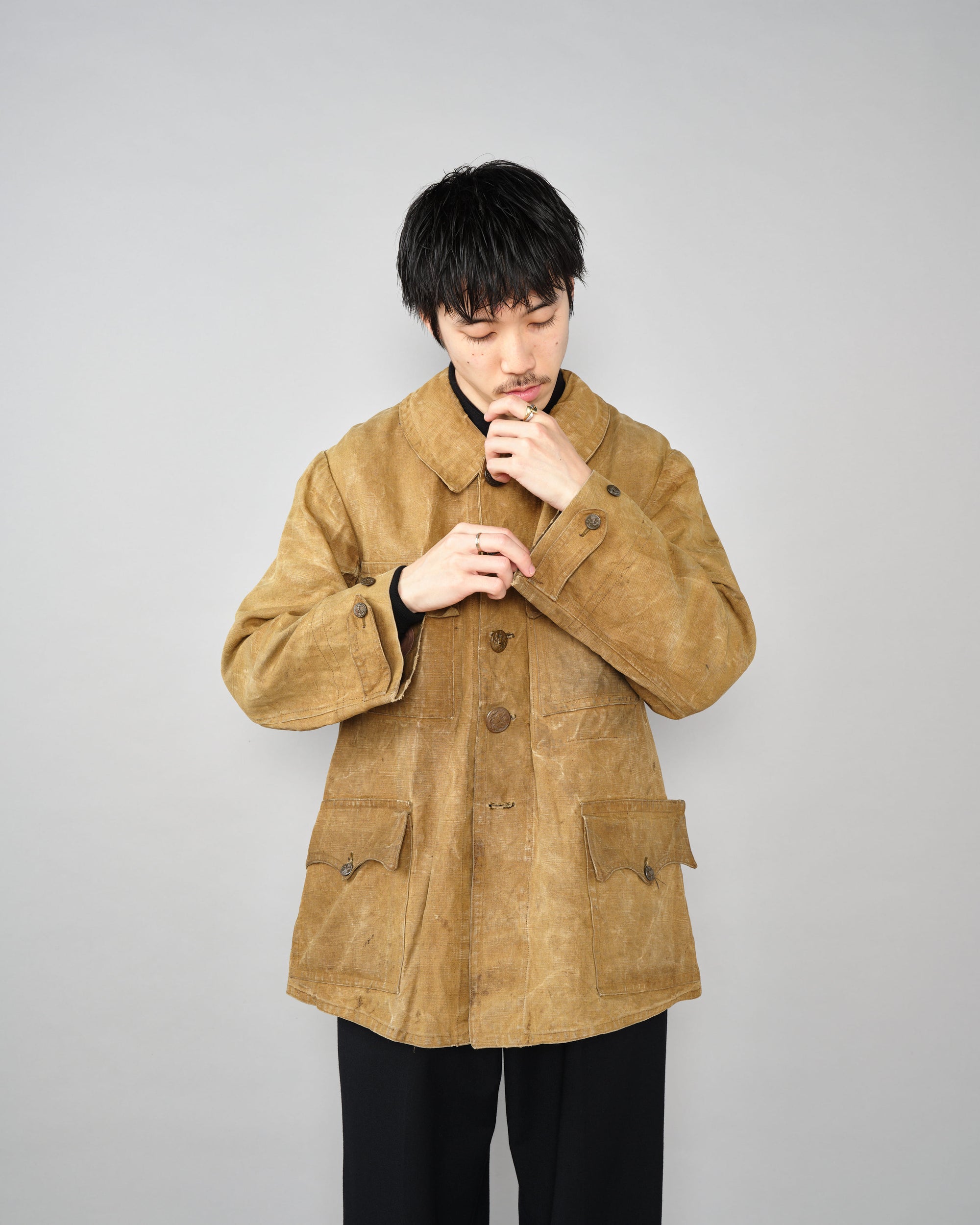 ［~30’s］French Vintage Linen Canvas Hunting Jacket With Chin Strap