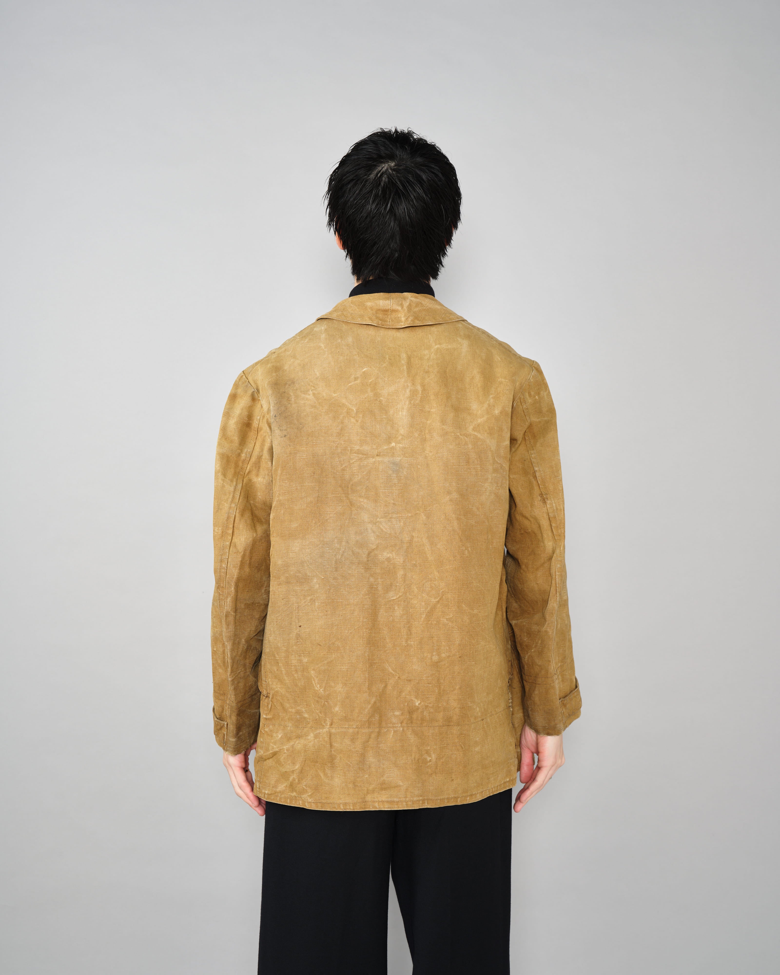 n*e様 〜30s brown linen hunting coat 30's］French Vintage Linen Canvas Hunting Jacket With Chin Strap
