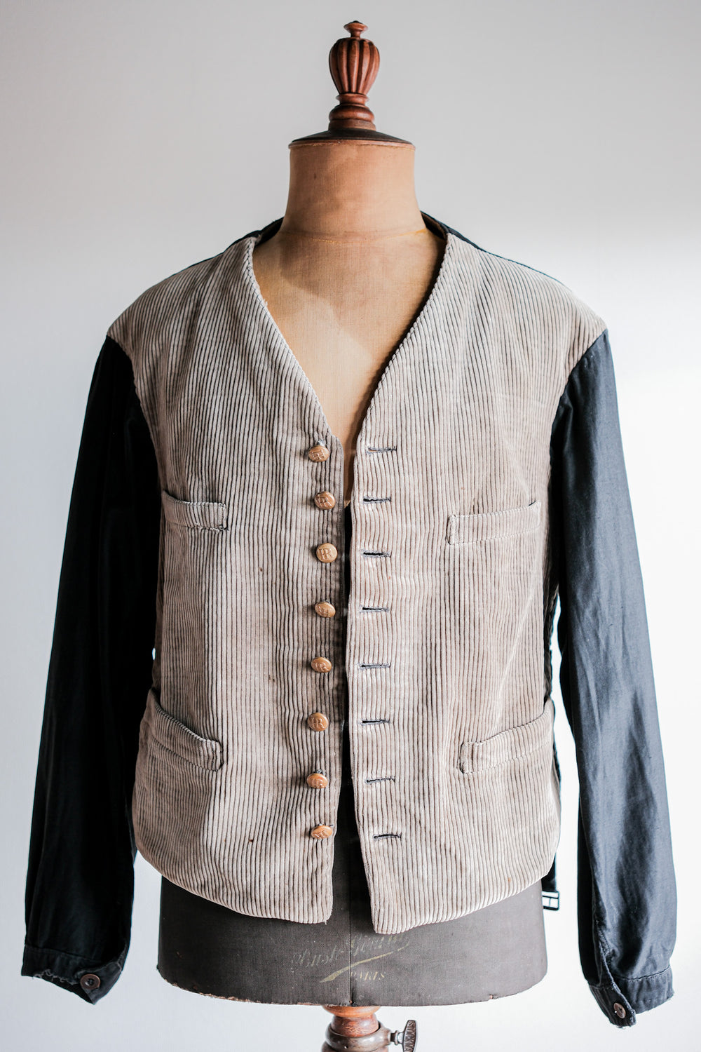 【~30's】French Vintage Gray Beige Corduroy Gilet Jacket "Belle Jardiniere"
