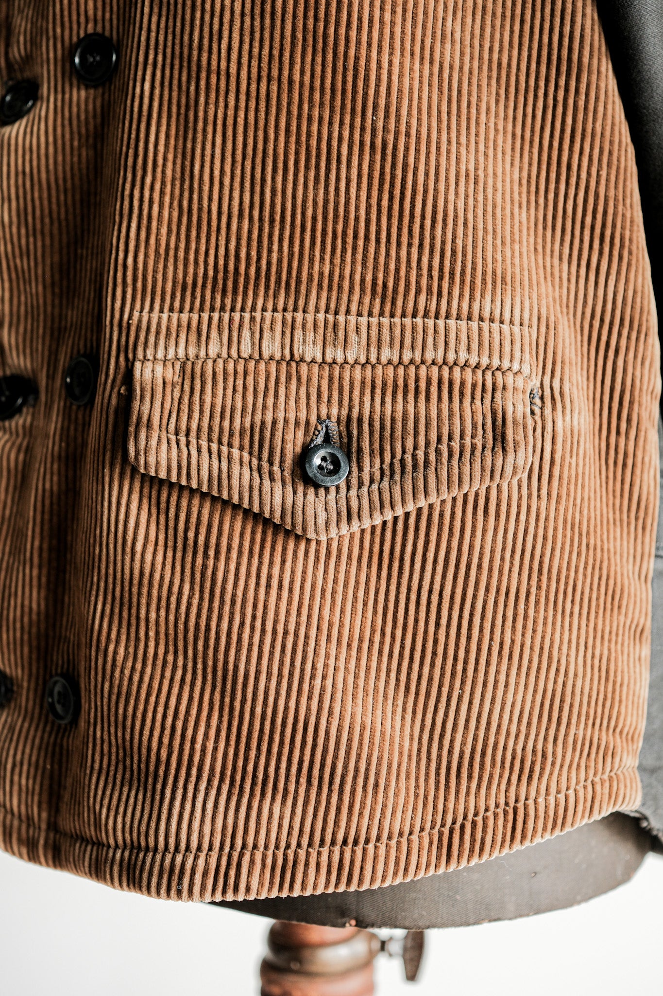 [~ 40 '] 벨기에 빈티지 브라운 코듀로이 더블 가슴 작업 재킷