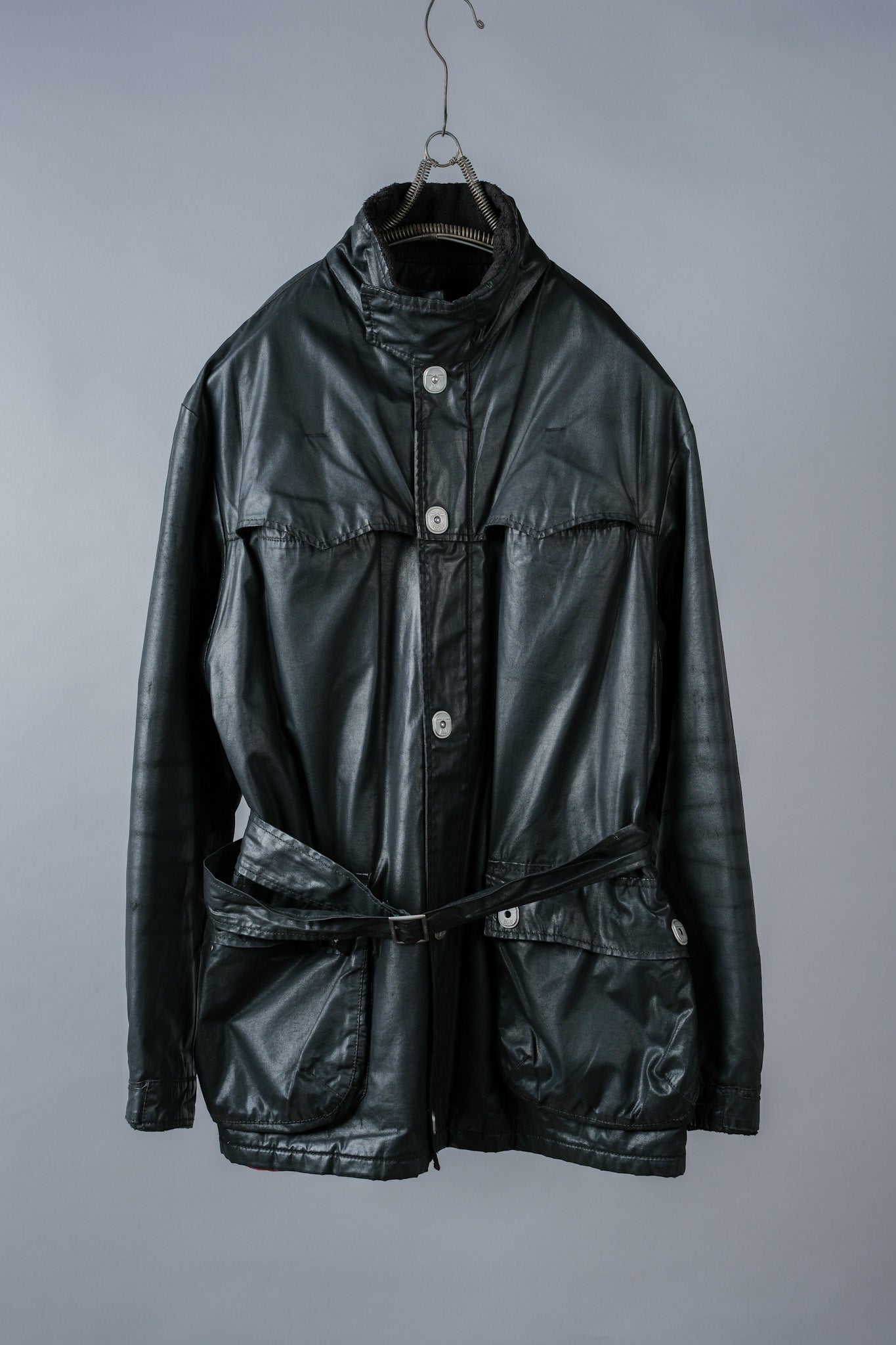 ［~90’s］Old ARMANI JEANS Black Cotton Resina Belted Jacket Size.54