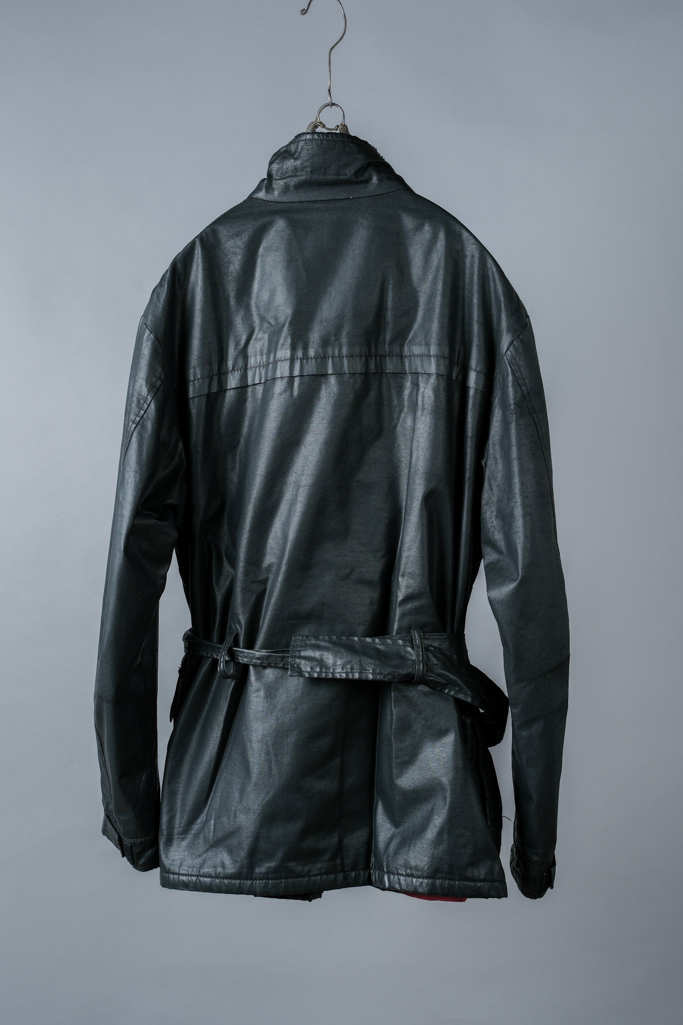 ［~90’s］Old ARMANI JEANS Black Cotton Resina Belted Jacket Size.54