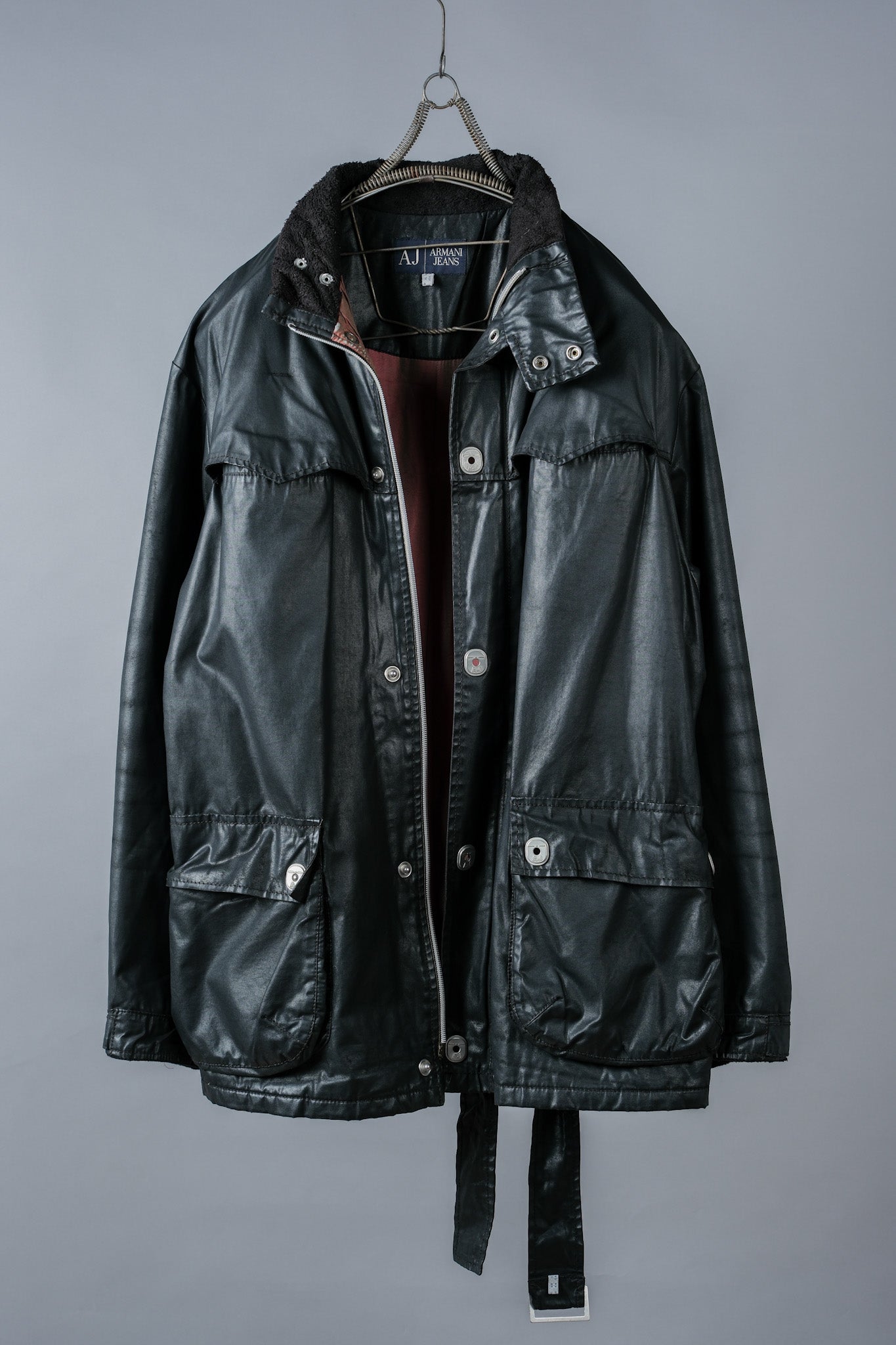 ［~90’s］Old ARMANI JEANS Black Cotton Resina Belted Jacket Size.54