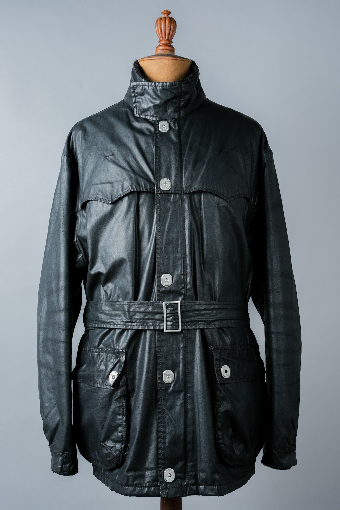 ［~90’s］Old ARMANI JEANS Black Cotton Resina Belted Jacket Size.54