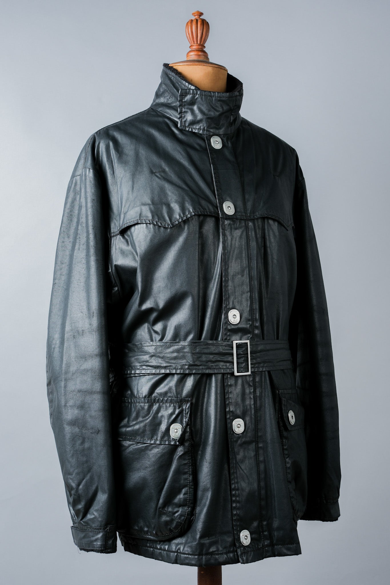 ［~90’s］Old ARMANI JEANS Black Cotton Resina Belted Jacket Size.54