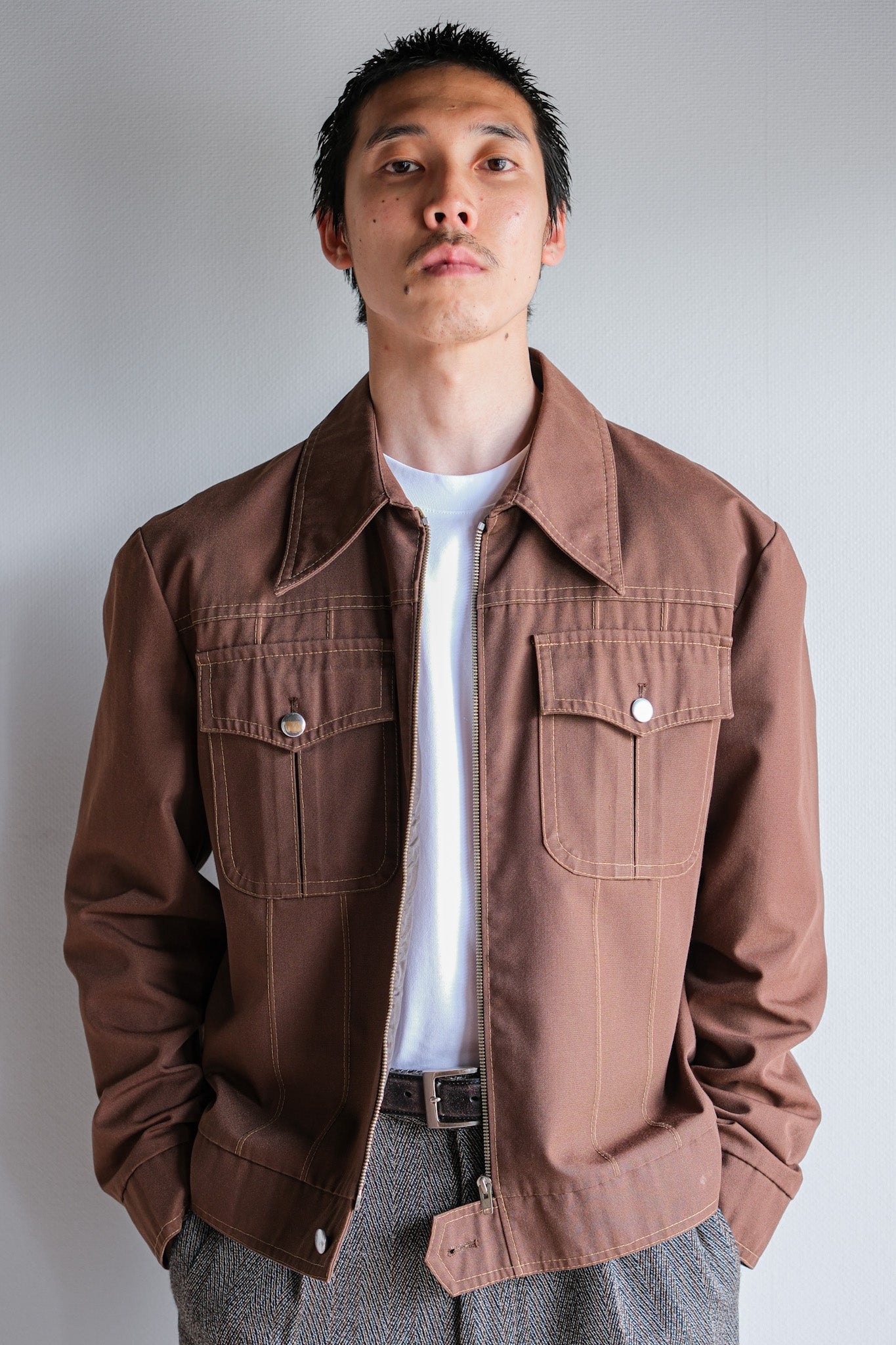 【~70's】Finnish Vintage Brown Cotton Polyester Trucker Jacket Size.41/42