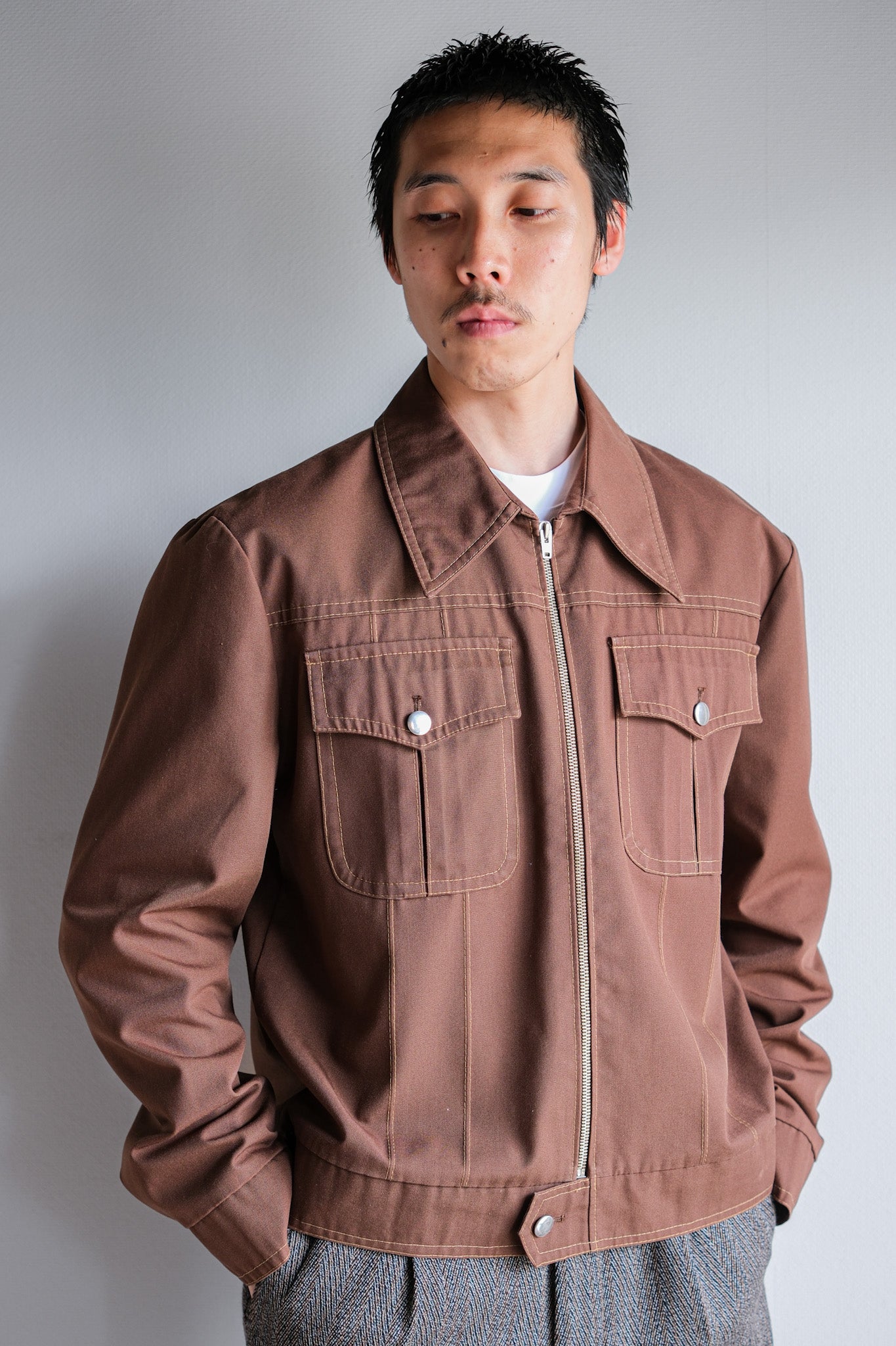 【~70's】Finnish Vintage Brown Cotton Polyester Trucker Jacket Size.41/42