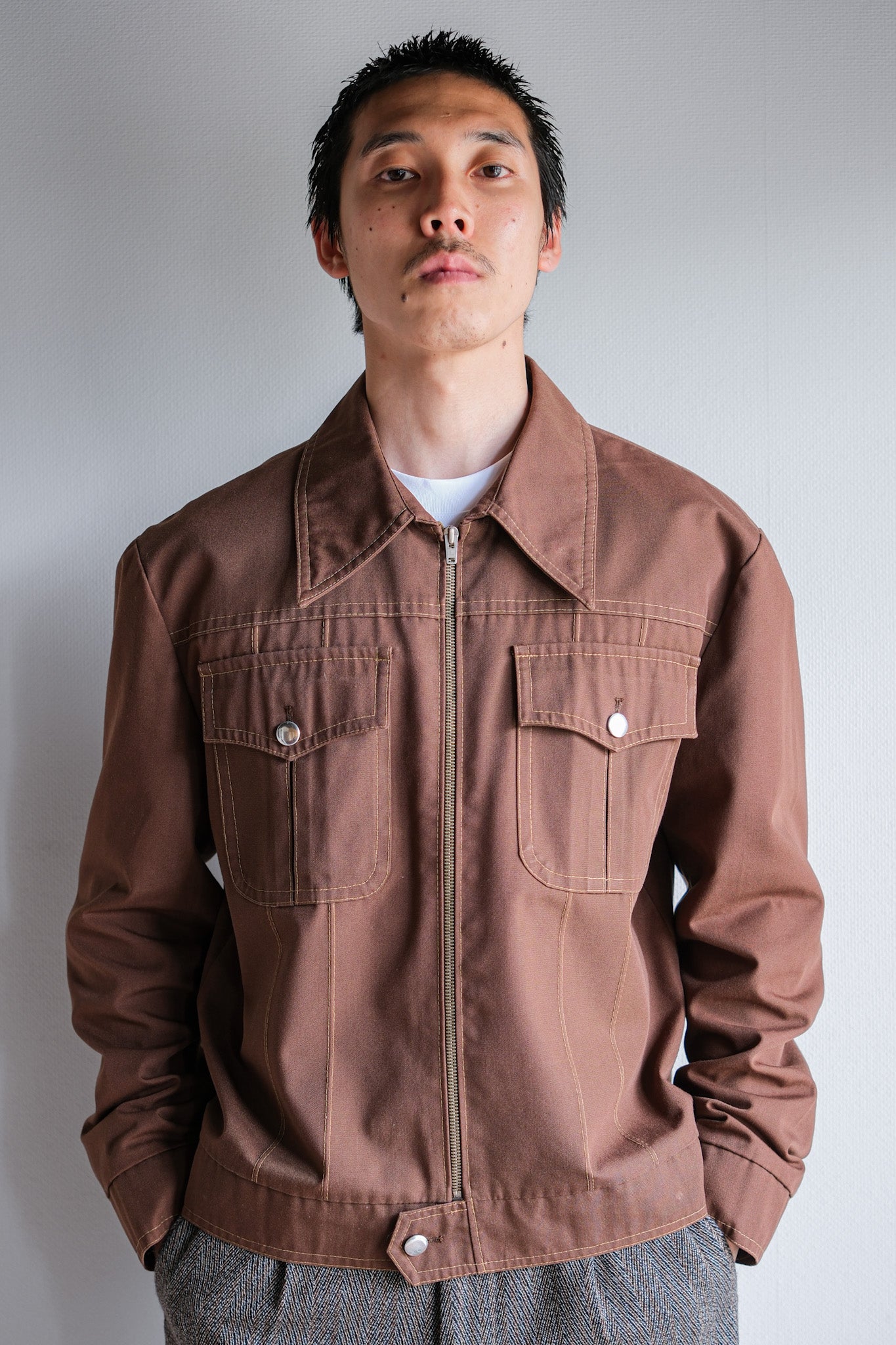 【~70's】Finnish Vintage Brown Cotton Polyester Trucker Jacket Size.41/42