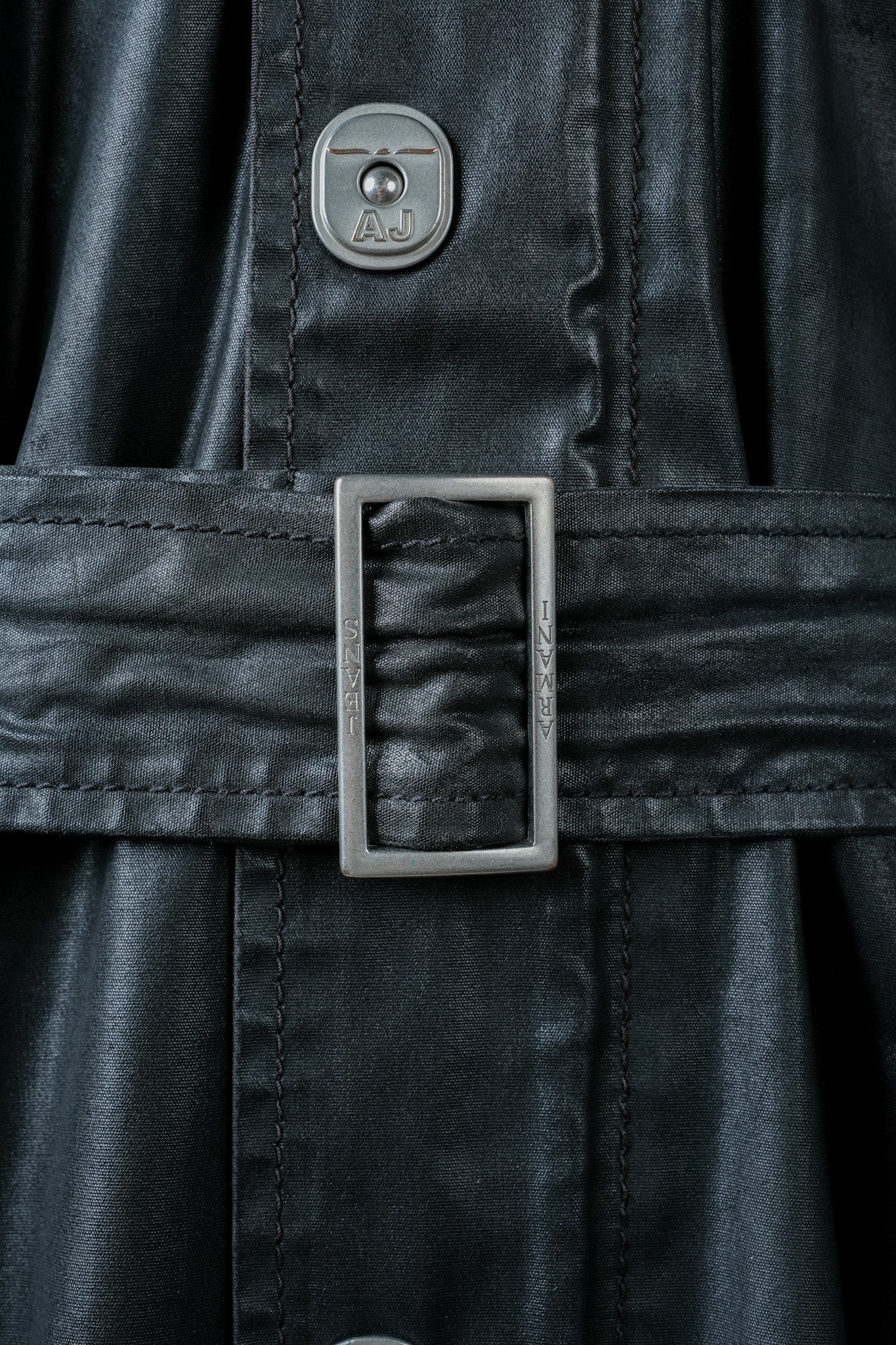 ［~90’s］Old ARMANI JEANS Black Cotton Resina Belted Jacket Size.54