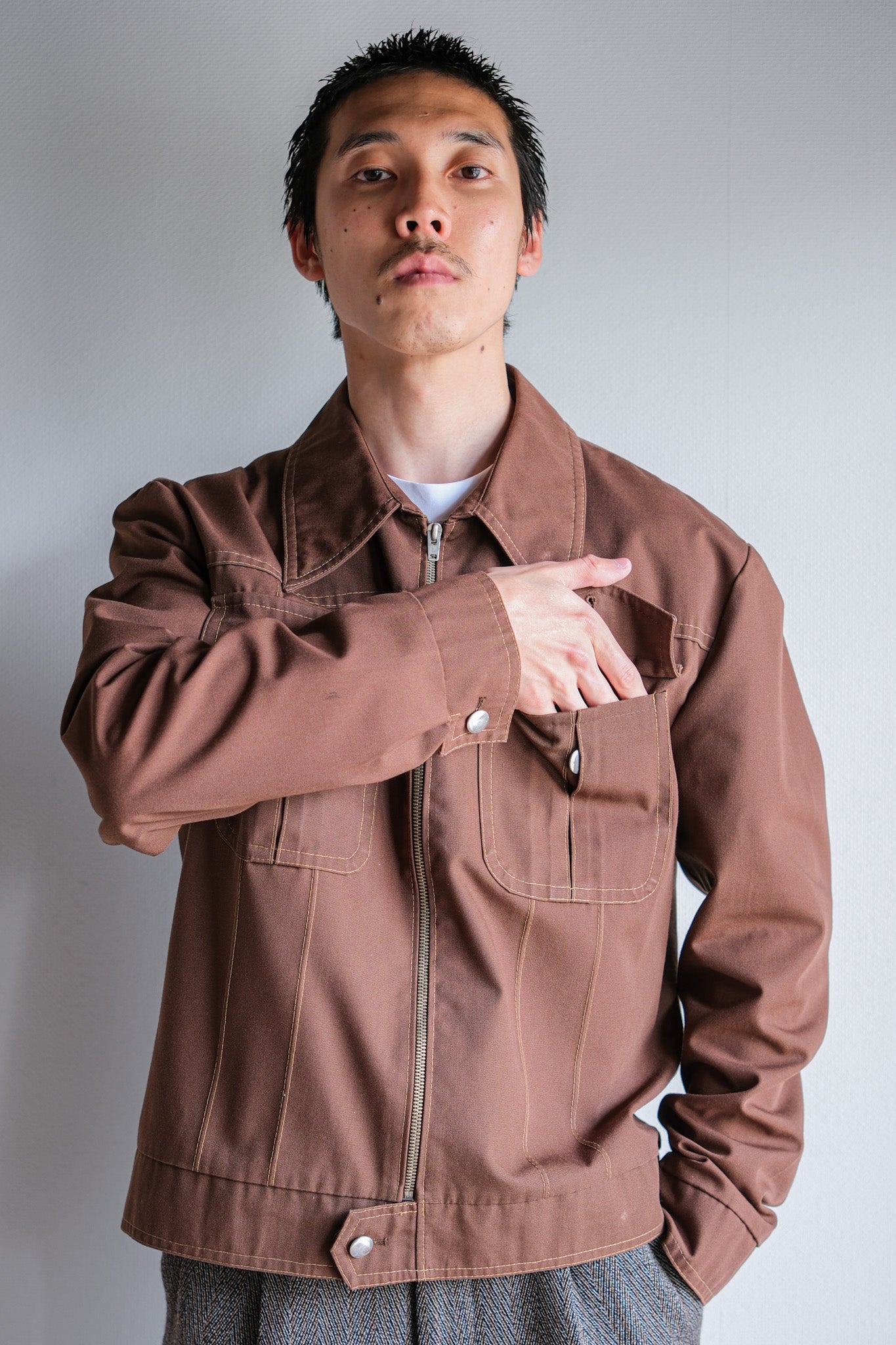 【~70's】Finnish Vintage Brown Cotton Polyester Trucker Jacket Size.41/42