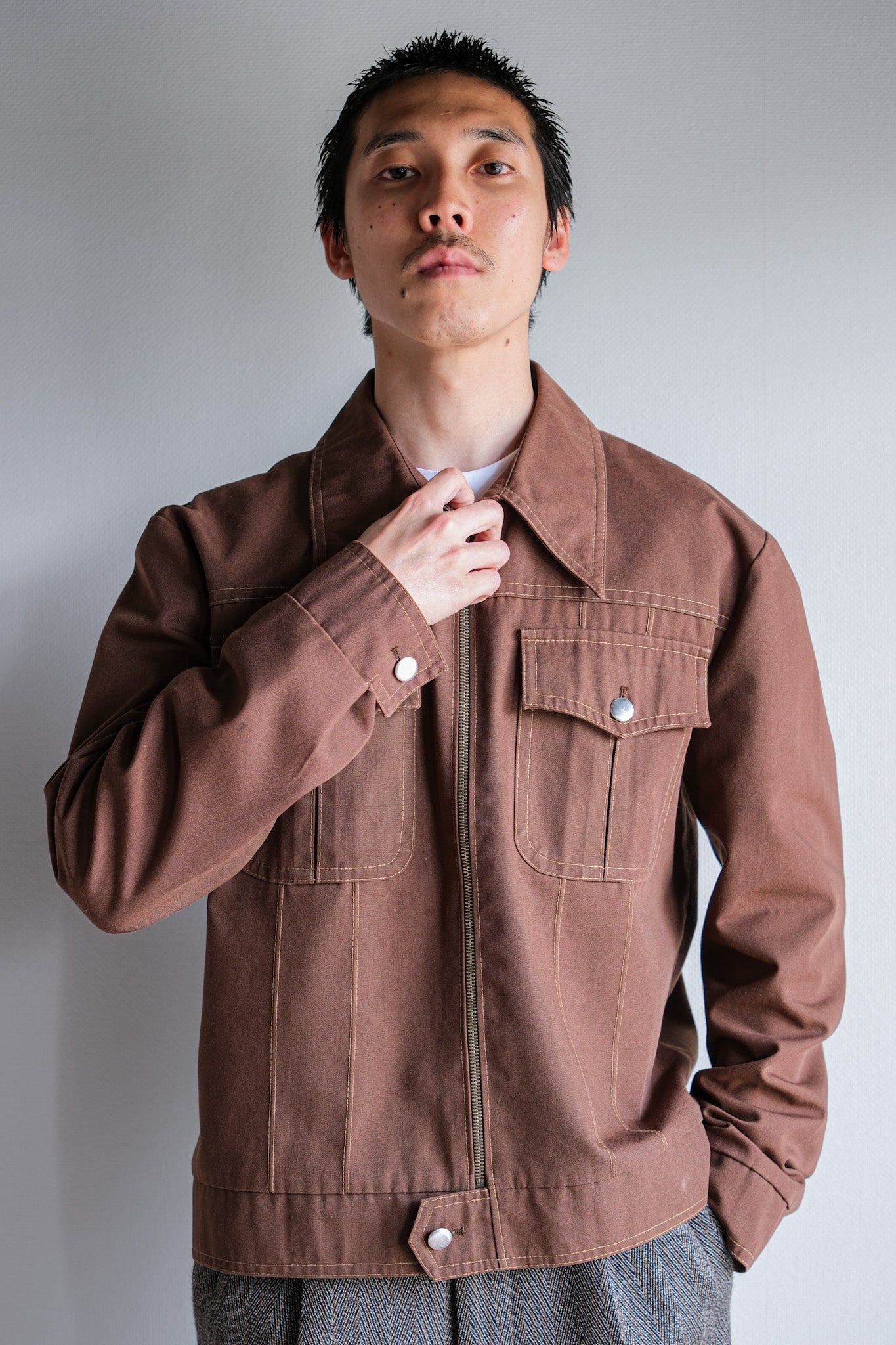 【~70's】Finnish Vintage Brown Cotton Polyester Trucker Jacket Size.41/42