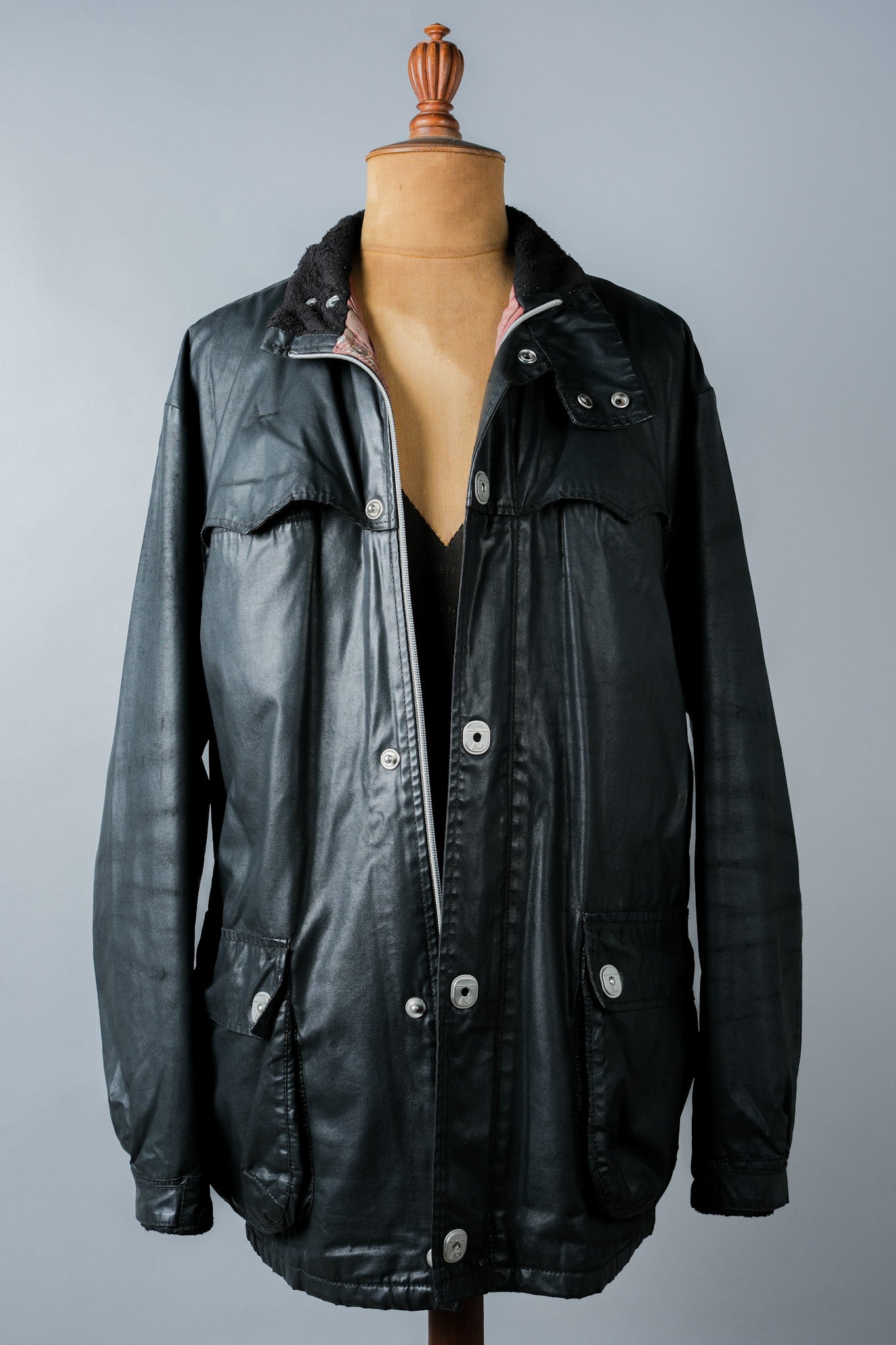［~90’s］Old ARMANI JEANS Black Cotton Resina Belted Jacket Size.54