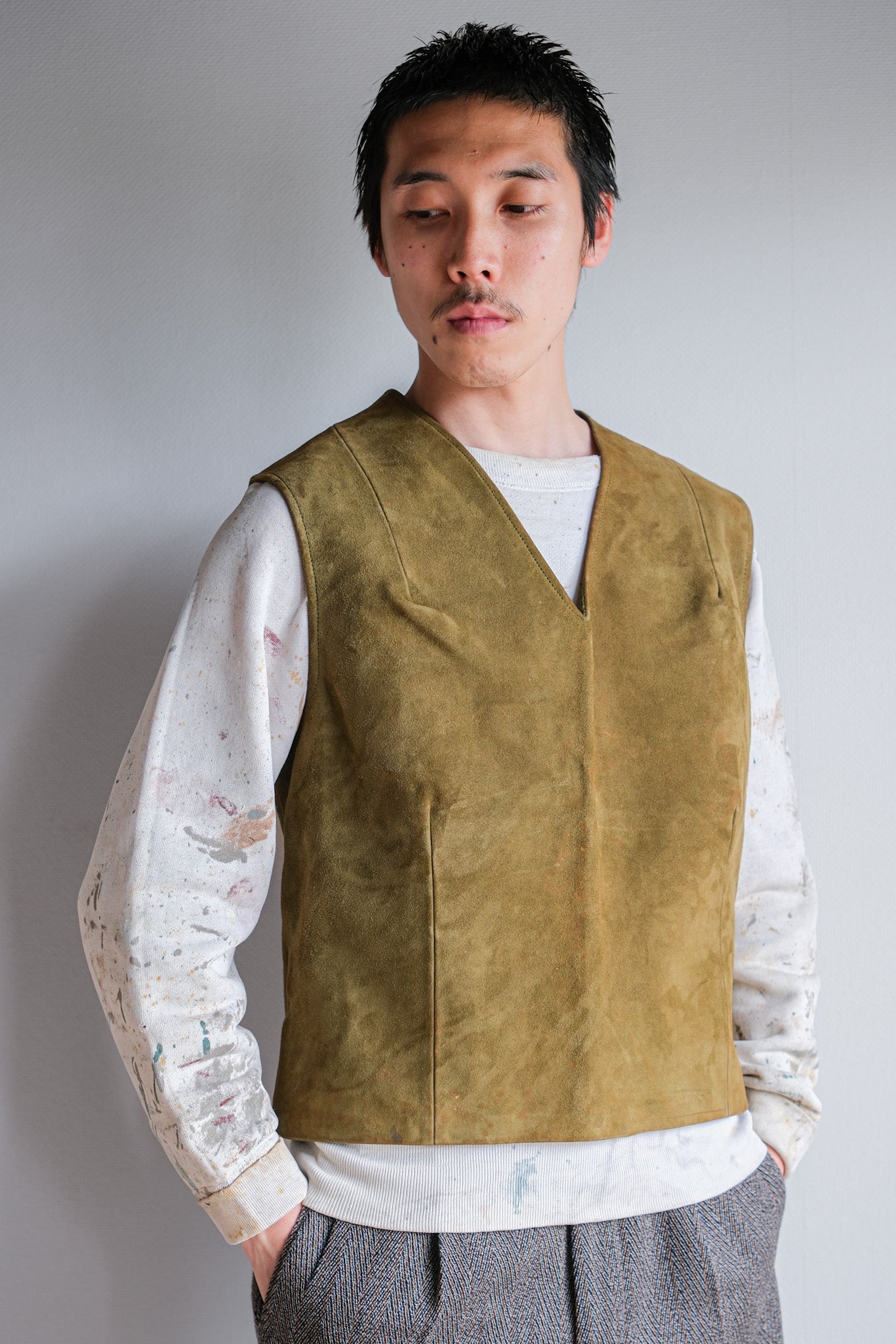 ［~60's］British Vintage Suede Leather Side Zip Pullover V-necked Vest