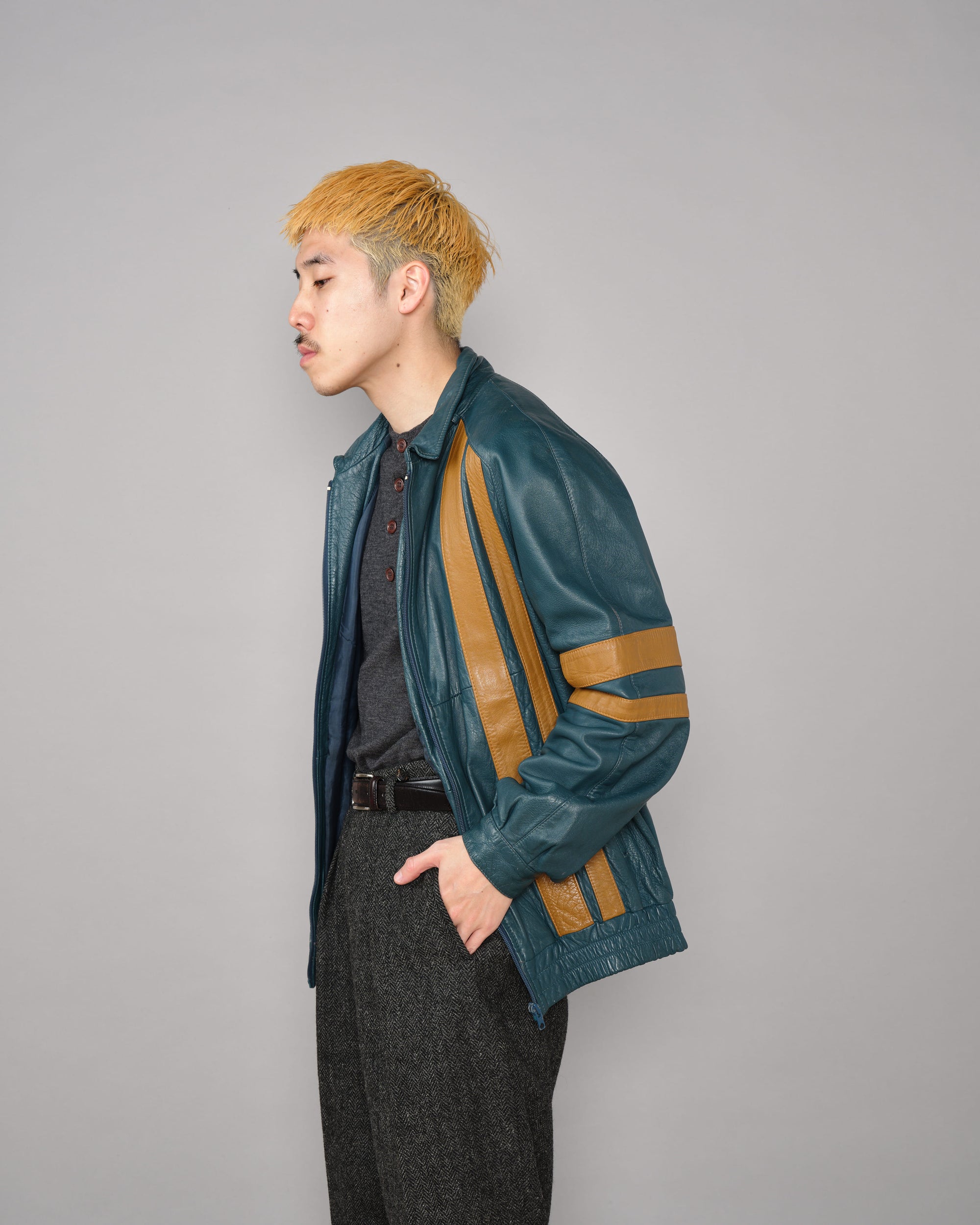 【~70's】French Vintage 2 Tone Raglan Sleeve Leather Jacket Size.S