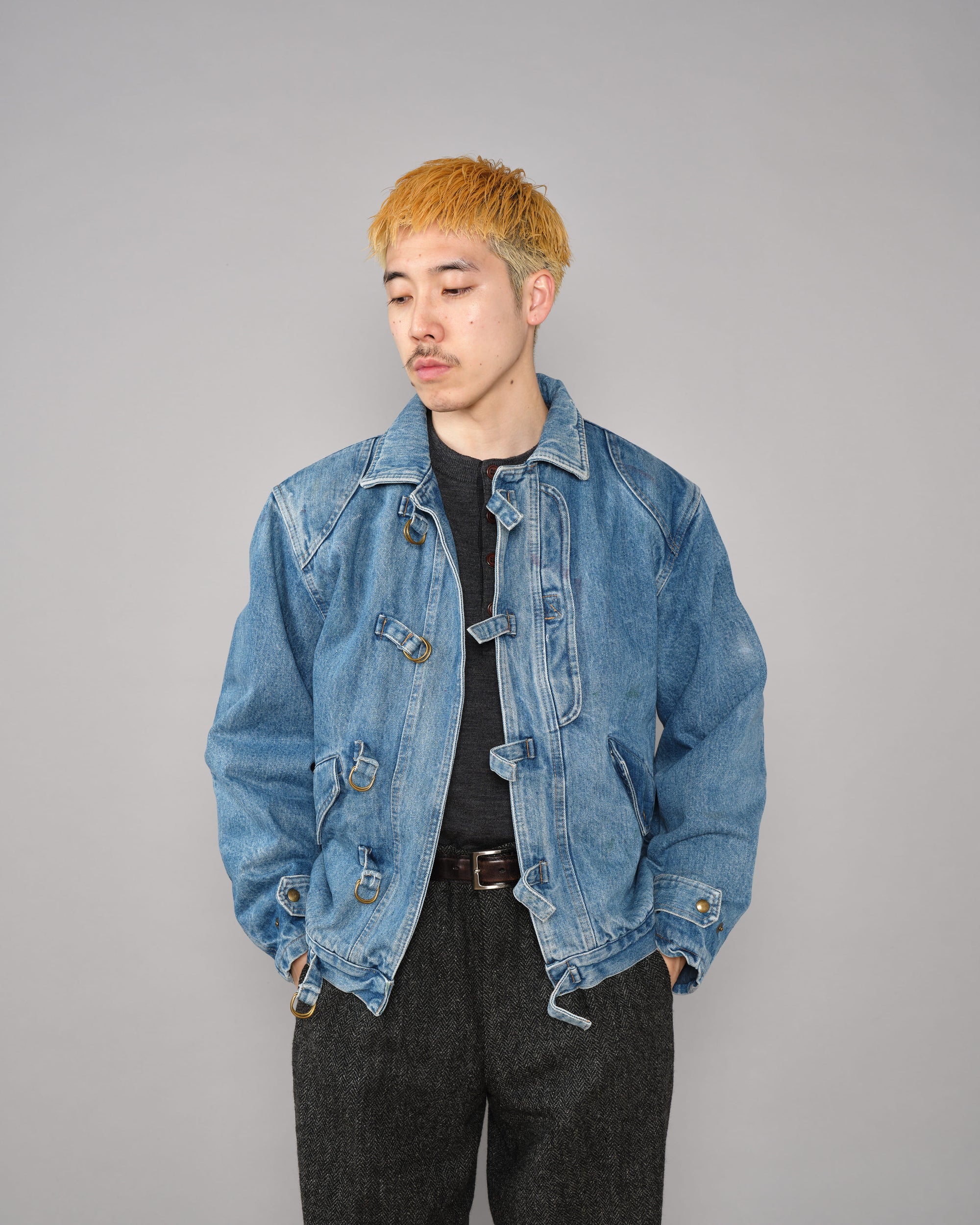 【~80’s】Italian Vintage D-ring Strap Front Design Denim Blouson Size.44