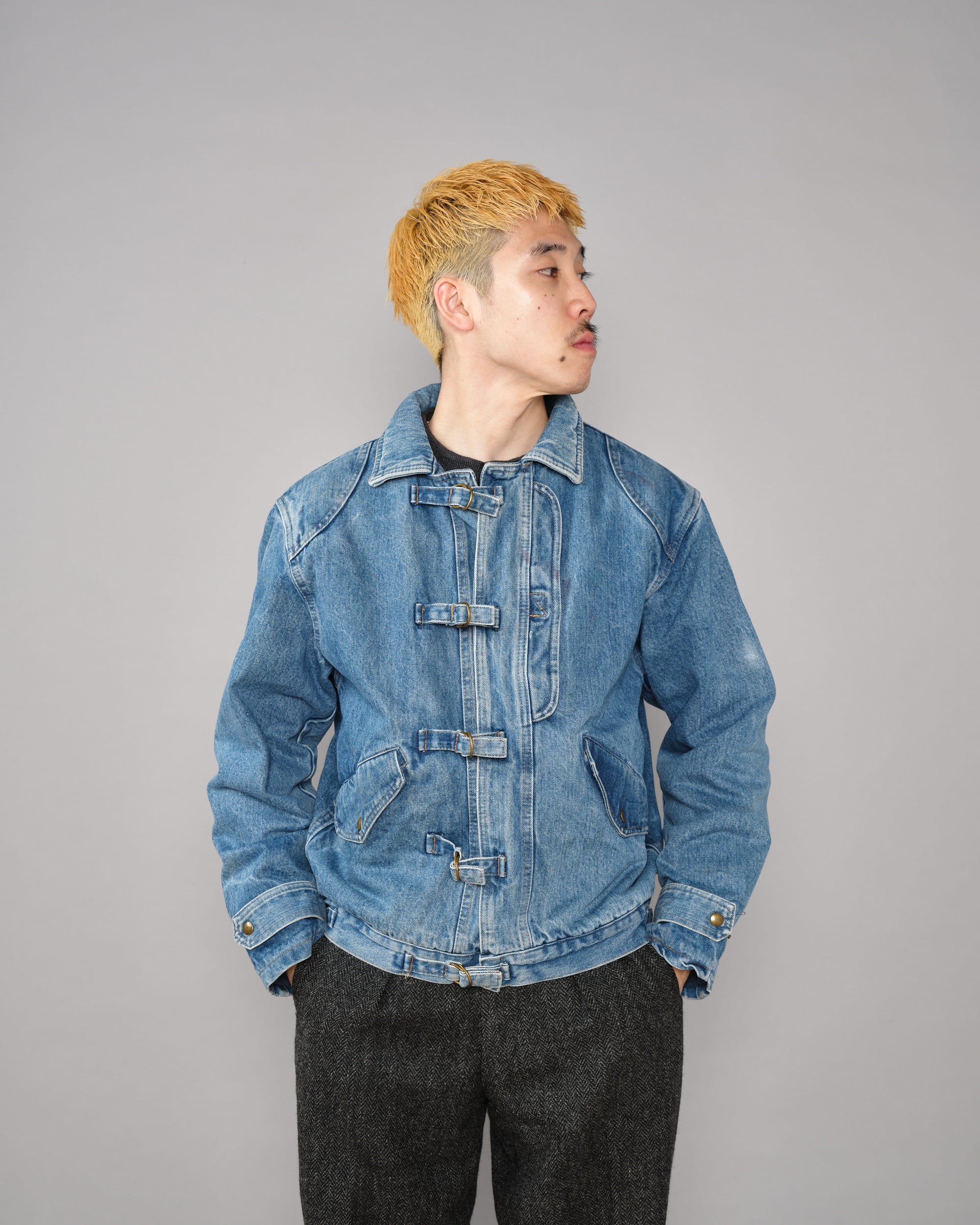 【~80’s】Italian Vintage D-ring Strap Front Design Denim Blouson Size.44