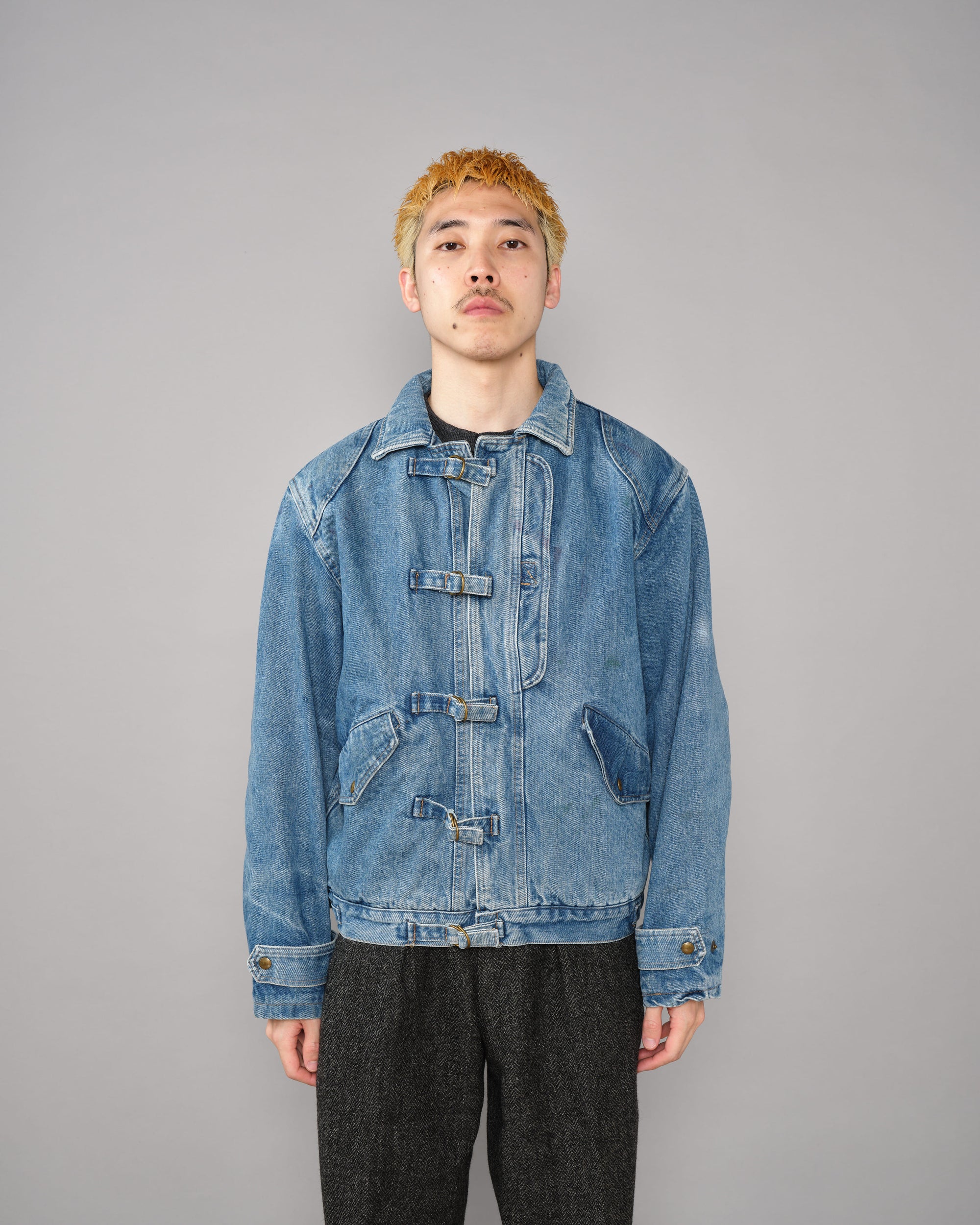 【~80’s】Italian Vintage D-ring Strap Front Design Denim Blouson Size.44