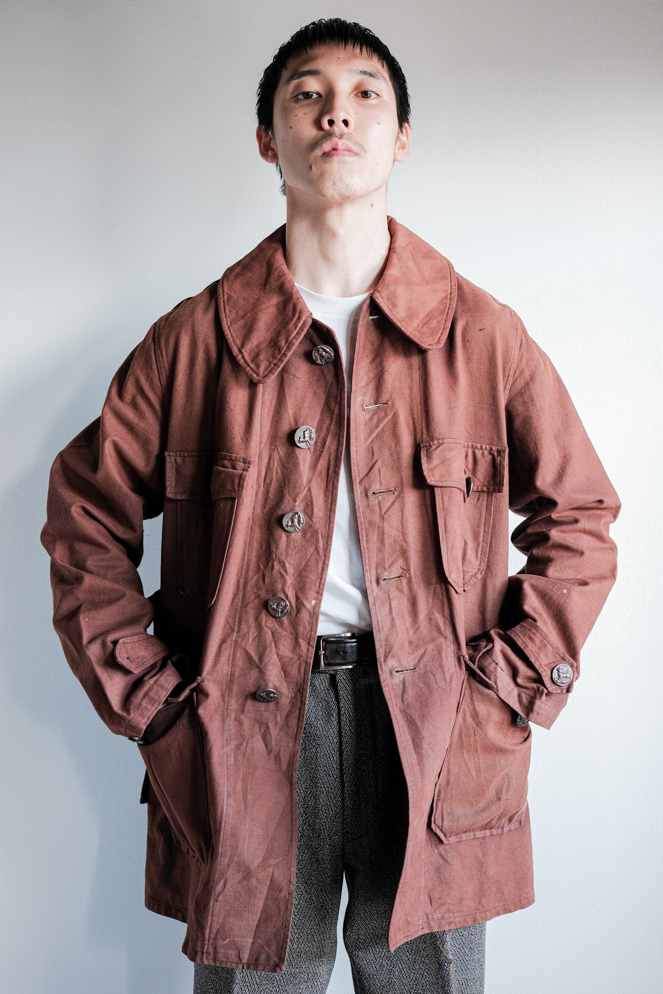 [〜20年代]法國復古紅棕色棉花亞麻狩獵夾克