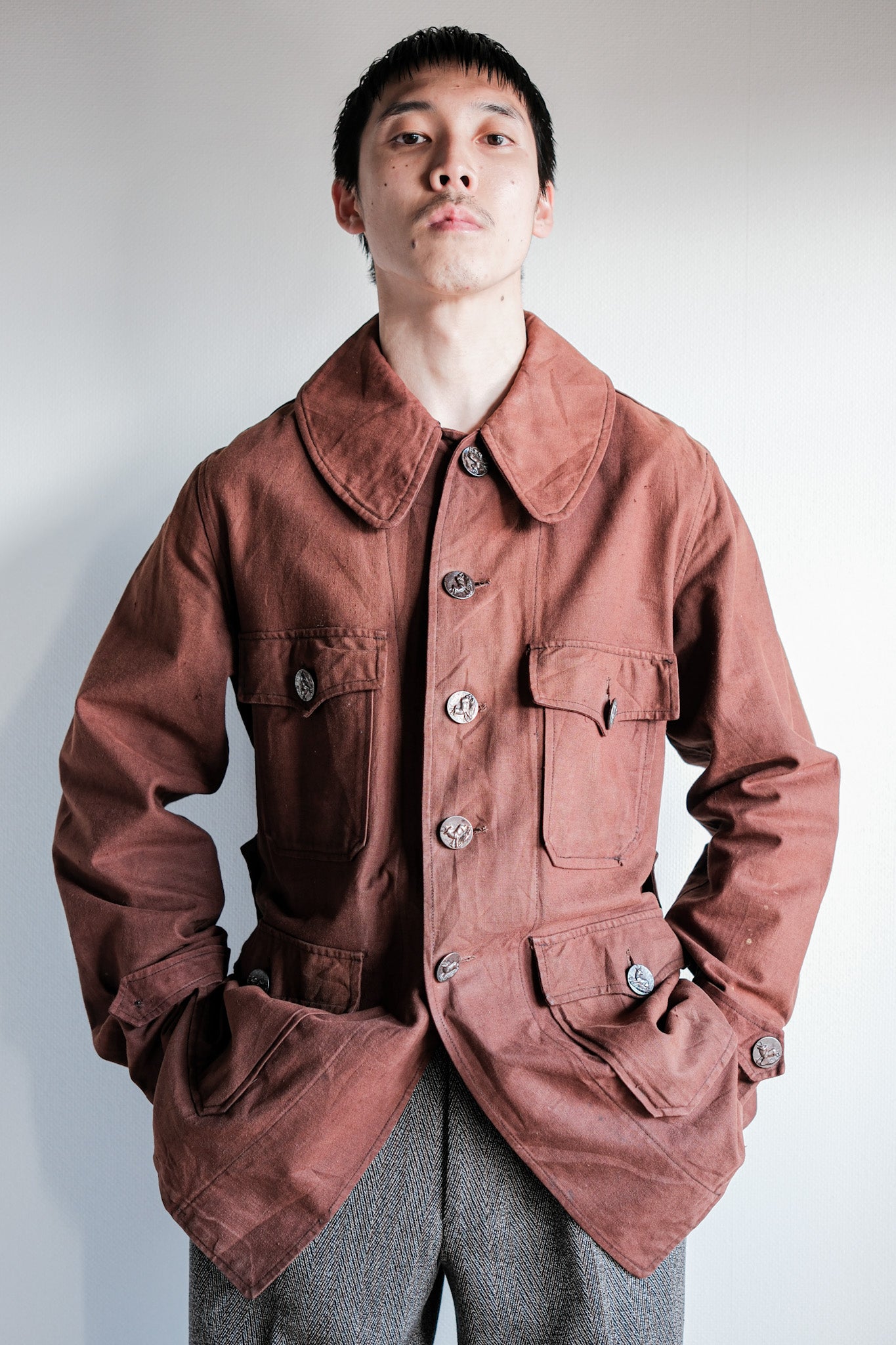 [~ 20's] French Vintage Reddish Brown Cotton Linen Hunting Jacket