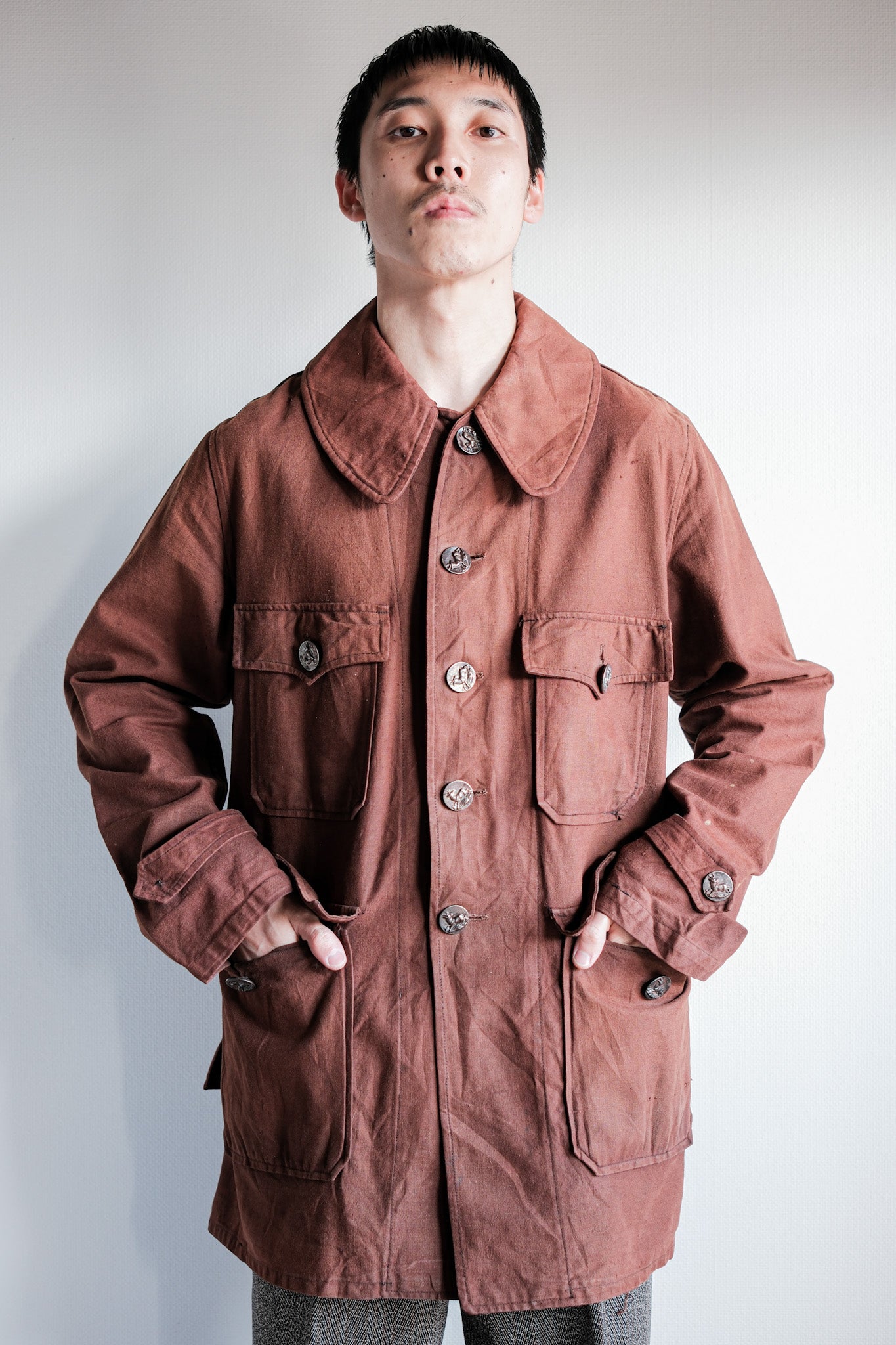 [~ 20's] Veste de chasse au lin en coton brun rougeâtre vintage français