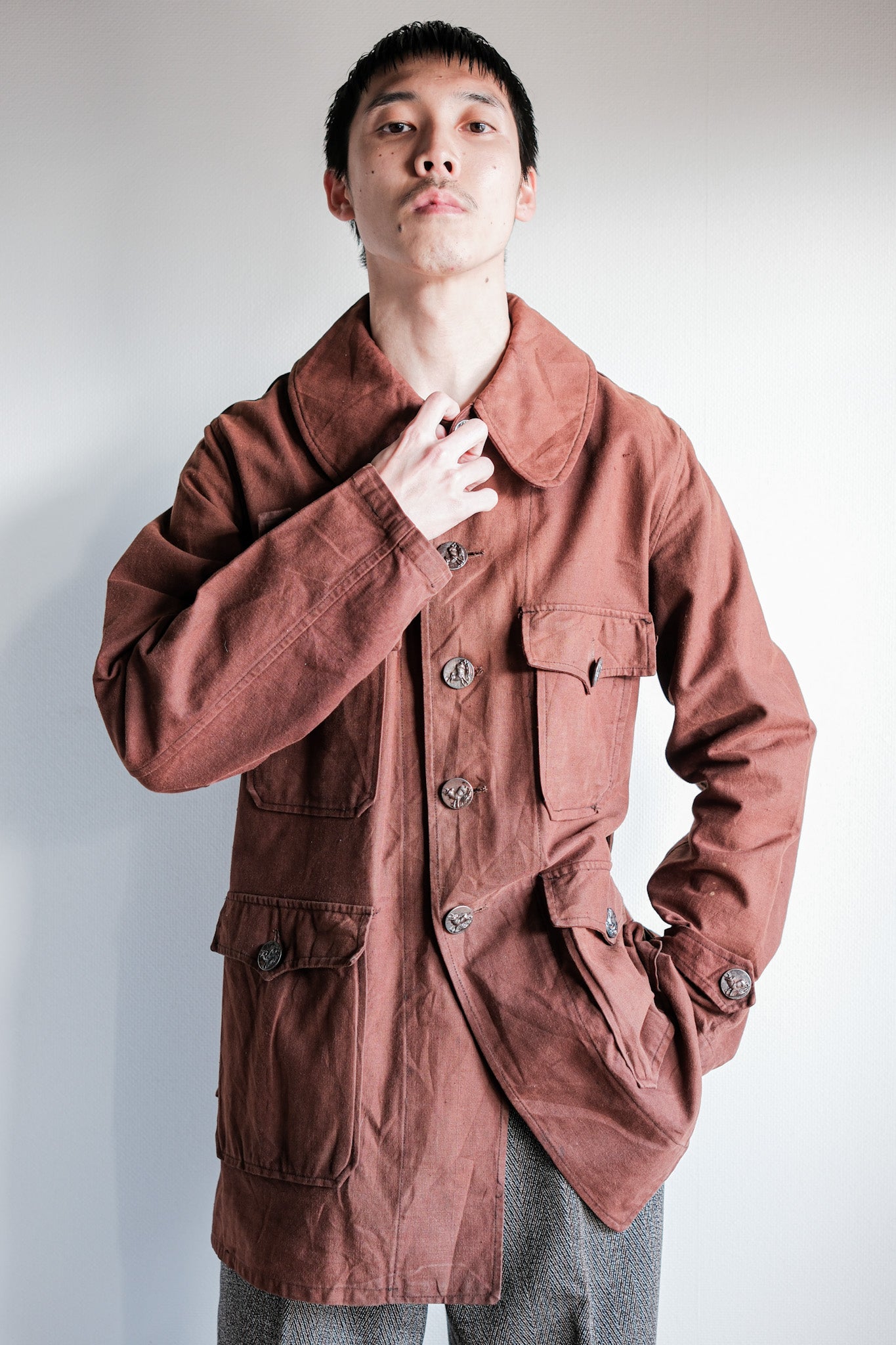 【~20's】French Vintage Reddish Brown Cotton Linen Hunting Jacket
