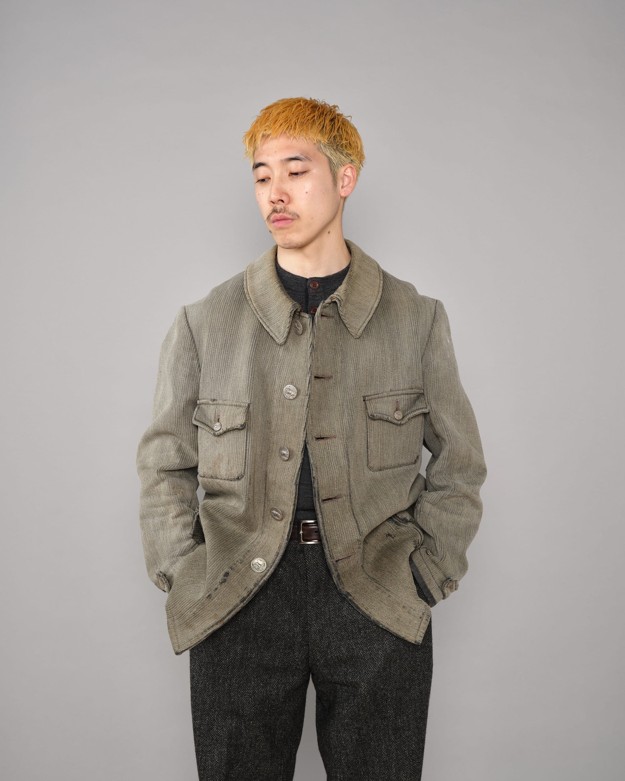 ［~40's］French Vintage Gray Cotton Pique Hunting Jacket "Salt & Pepper Lining"