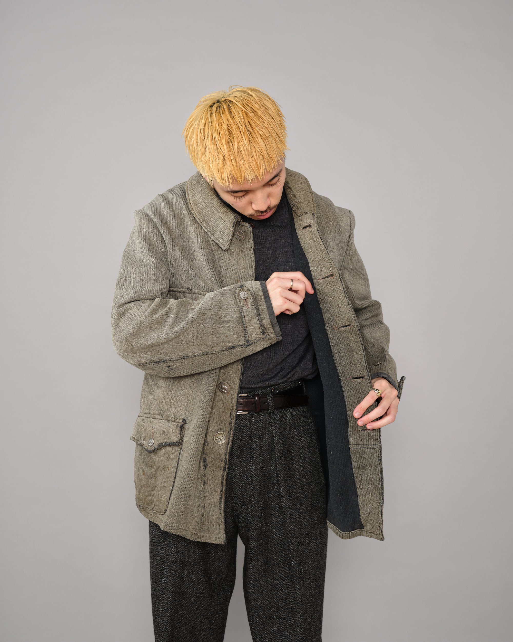 ［~40's］French Vintage Gray Cotton Pique Hunting Jacket "Salt & Pepper Lining"