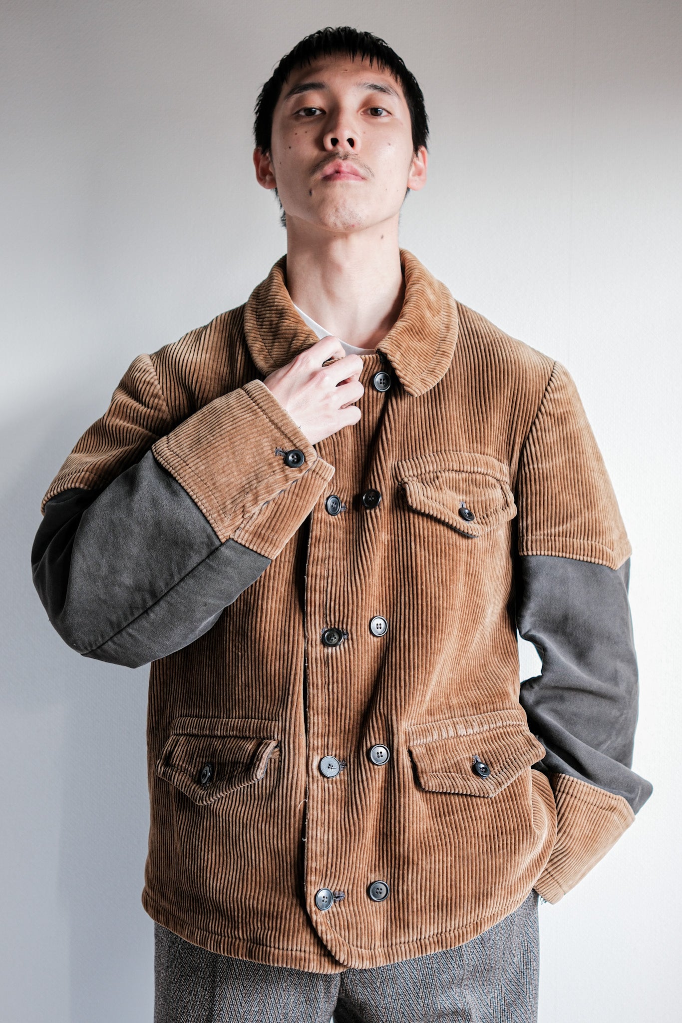 [〜40年代]比利時復古棕色燈芯絨雙胸部工作夾克