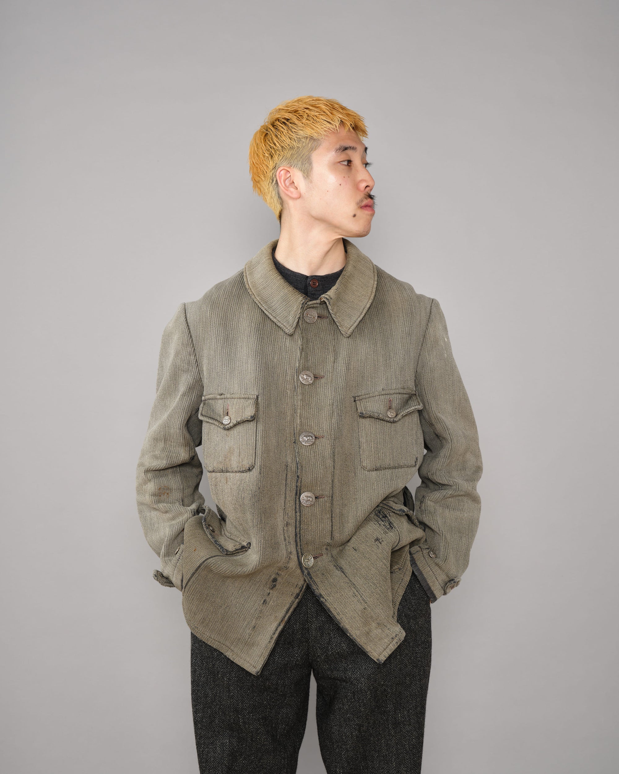 ［~40's］French Vintage Gray Cotton Pique Hunting Jacket "Salt & Pepper Lining"