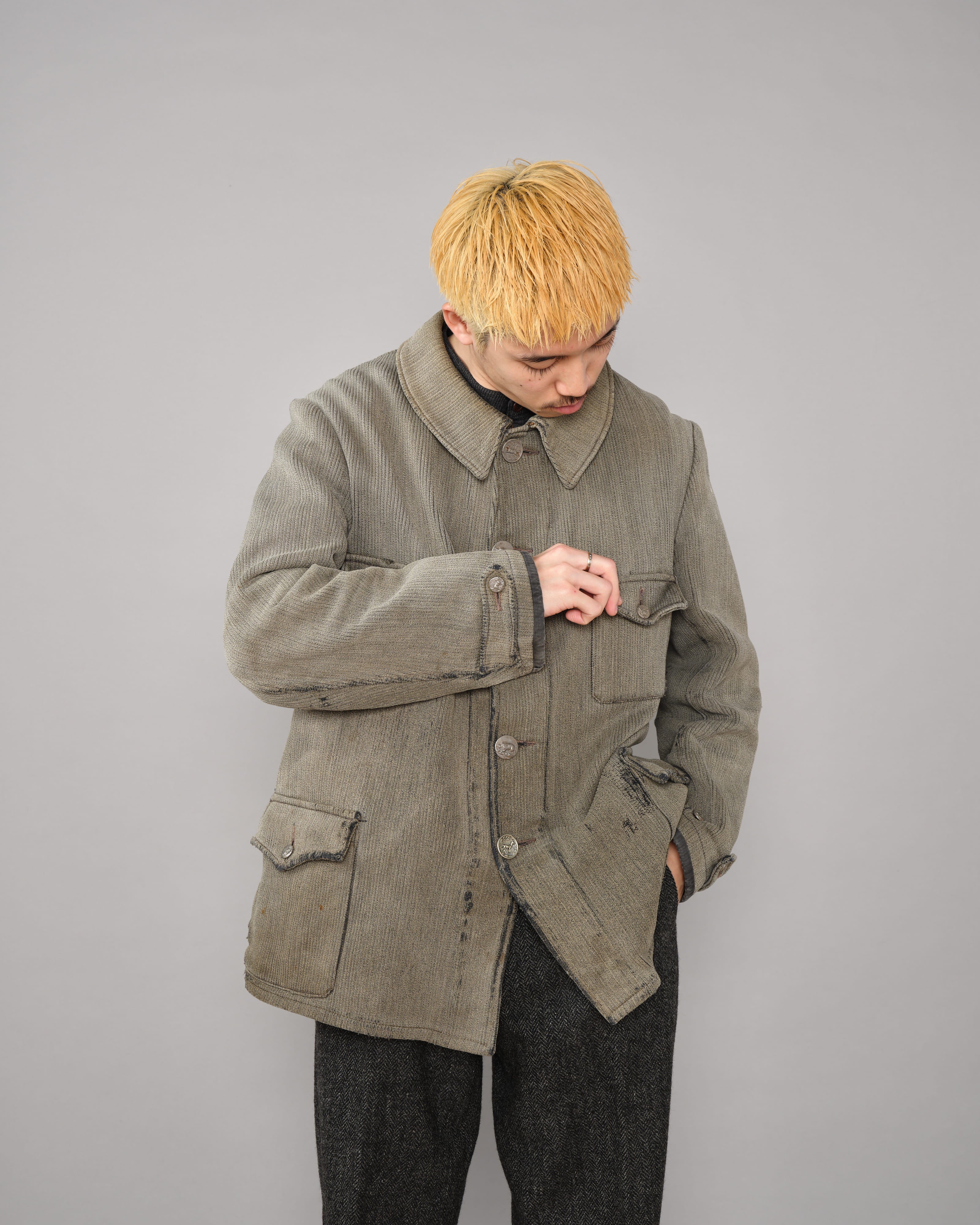 40's】French Vintage Gray Cotton Pique Hunting Jacket 