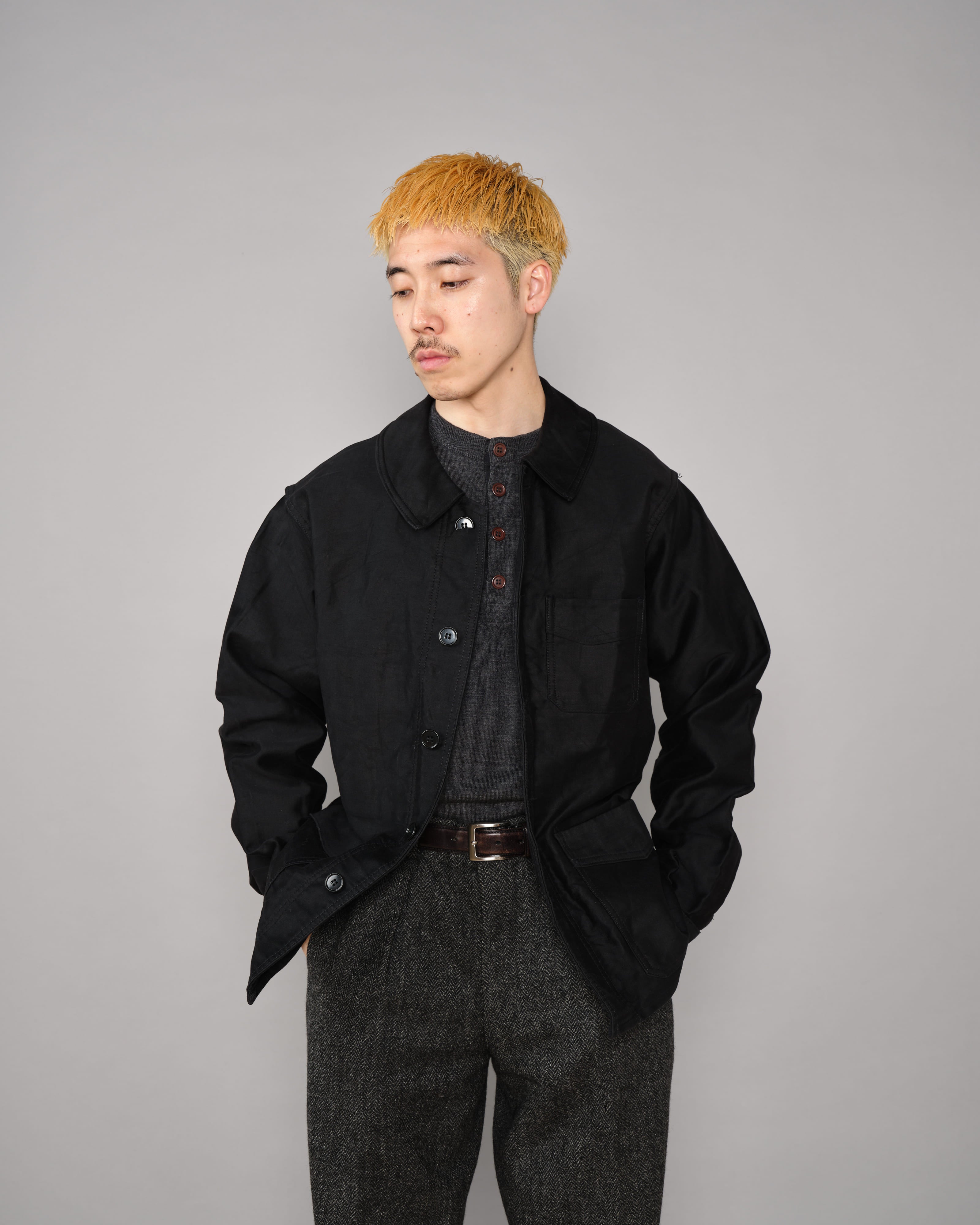 50’s French Black MOLESKIN Jacket 50's］French Vintage Black Moleskin Work Jacket Size.50 