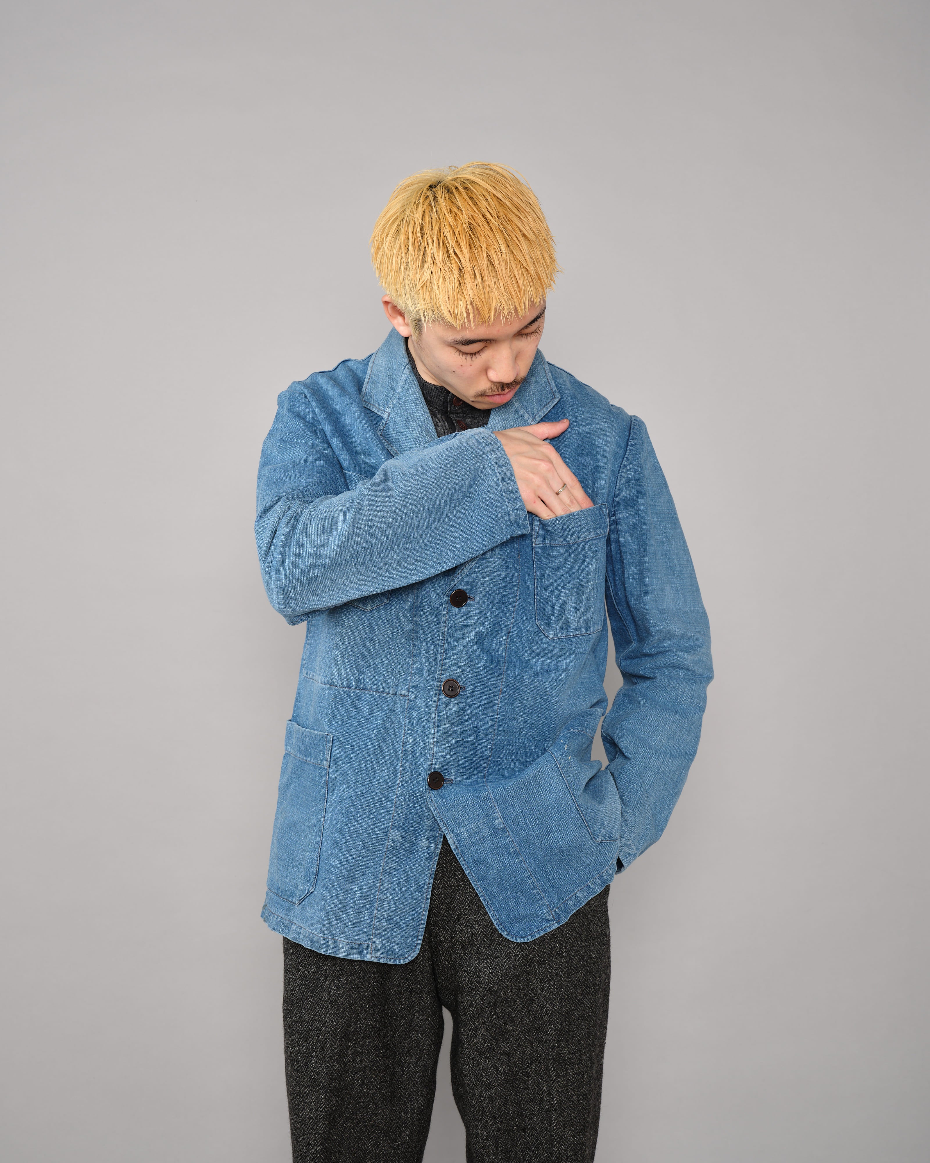 フレンチ ヴィンテージ エプロン インディゴメティス 40's］French Vintage Indigo Metis 4 Pockets Lapel Work Jacket
