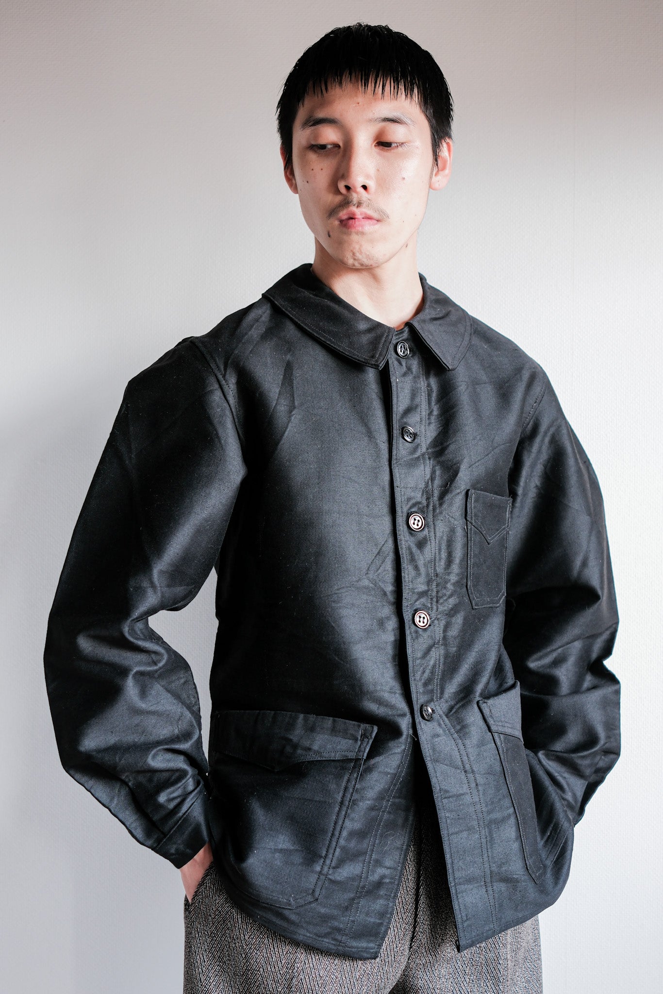 ［~30's］French Vintage Black Moleskin Work Jacket "Le Mont St. Michel"