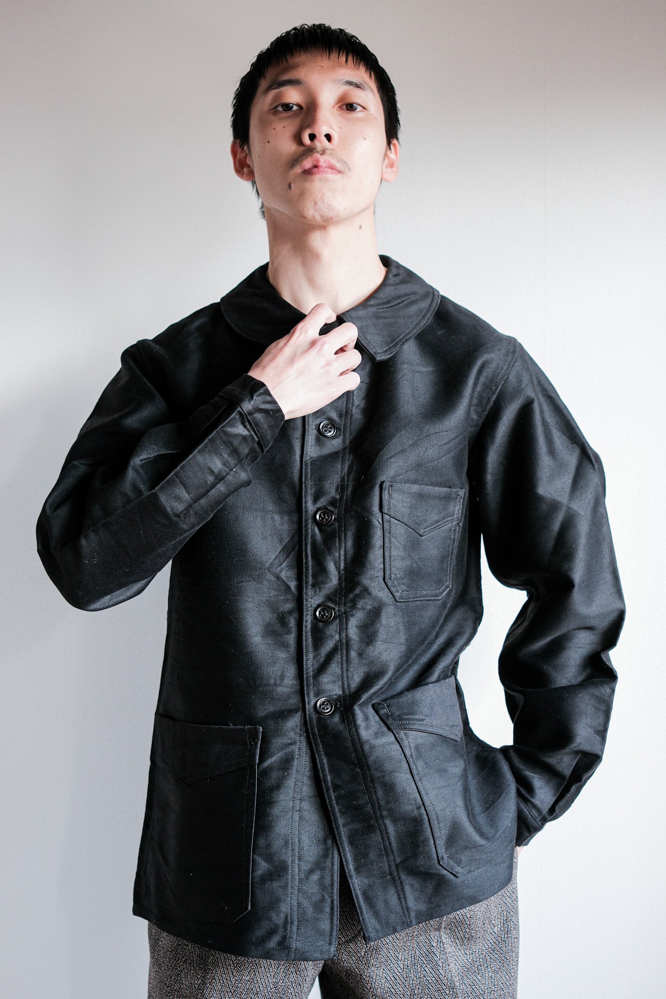 [~ 30 '] 프랑스 빈티지 블랙 몰스킨 작업 재킷 "르 몽 세인트 미셸"