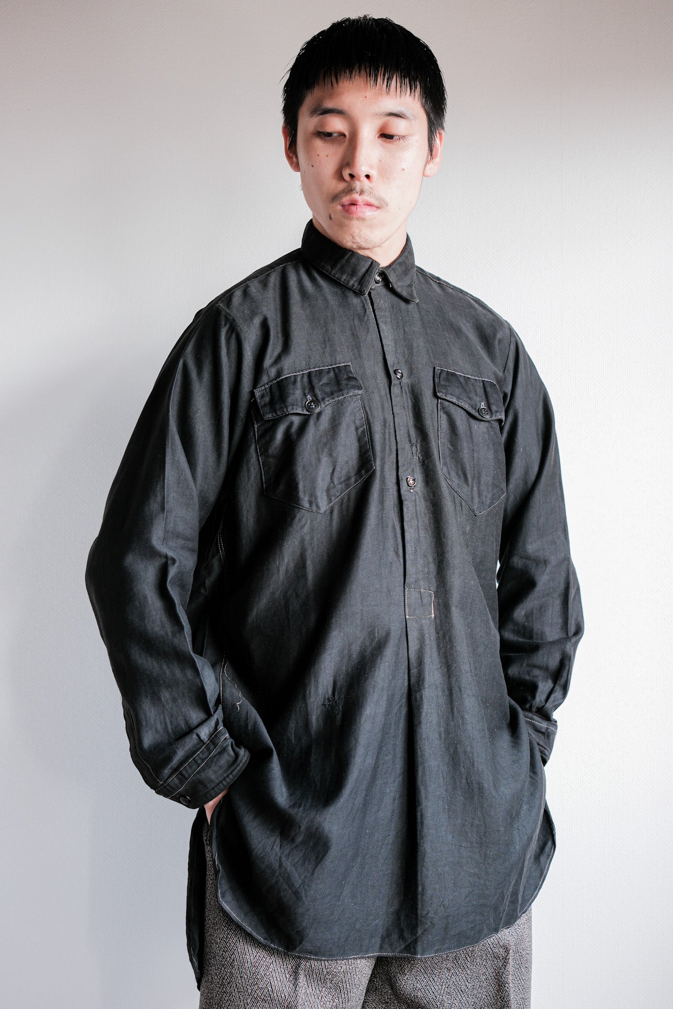 ［~30's］French Vintage Black Light Moleskin Grandpa Shirt