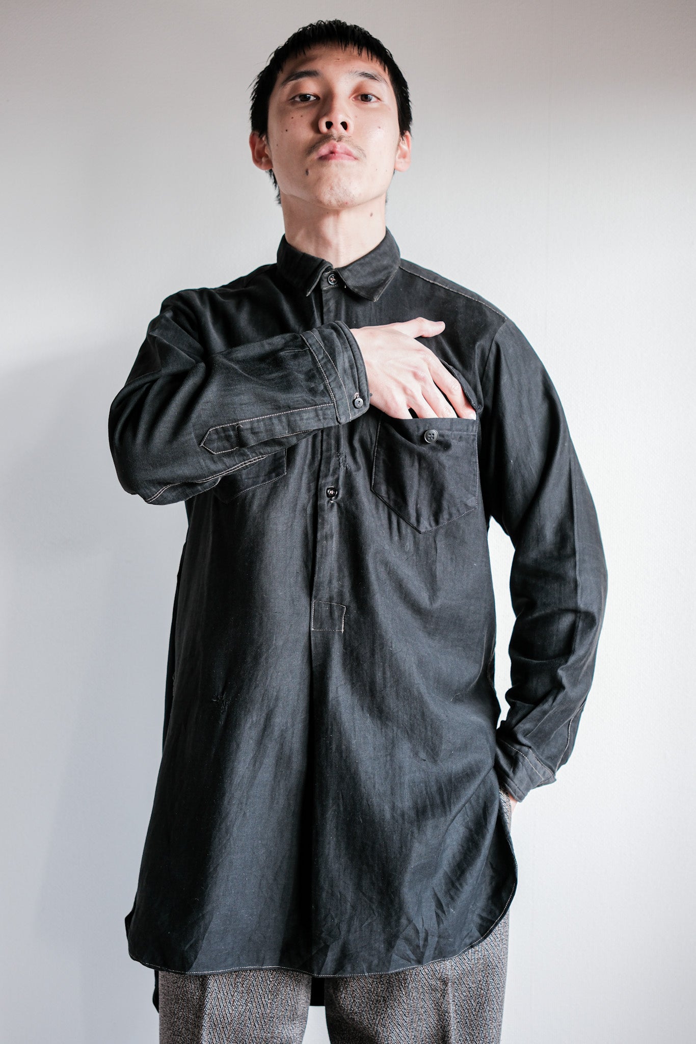 ［~30's］French Vintage Black Light Moleskin Grandpa Shirt
