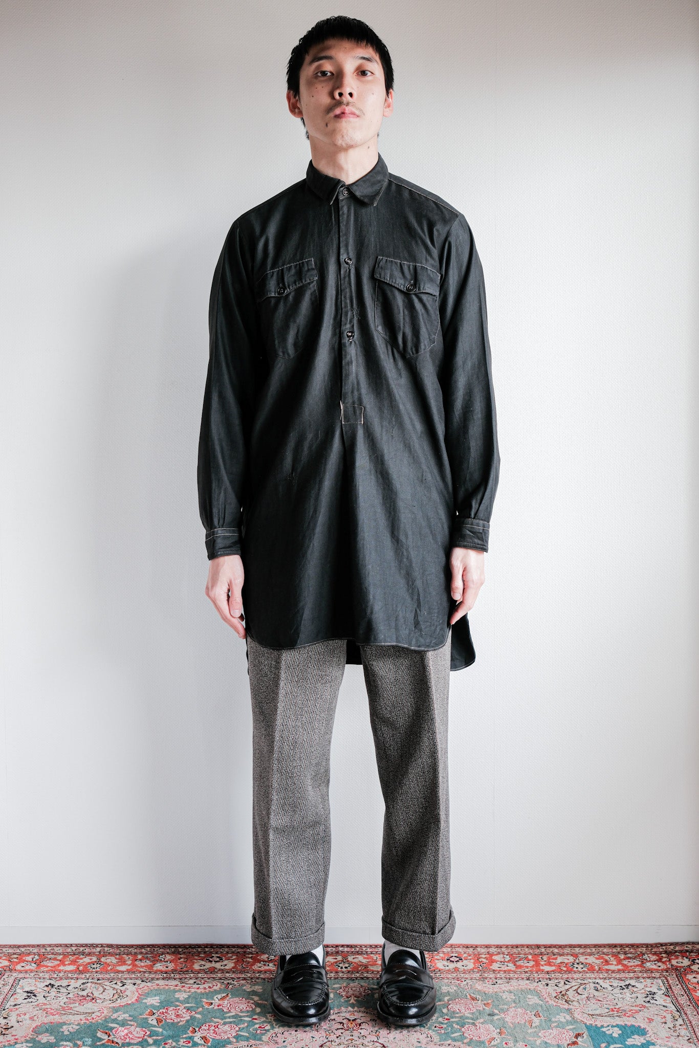 ［~30's］French Vintage Black Light Moleskin Grandpa Shirt