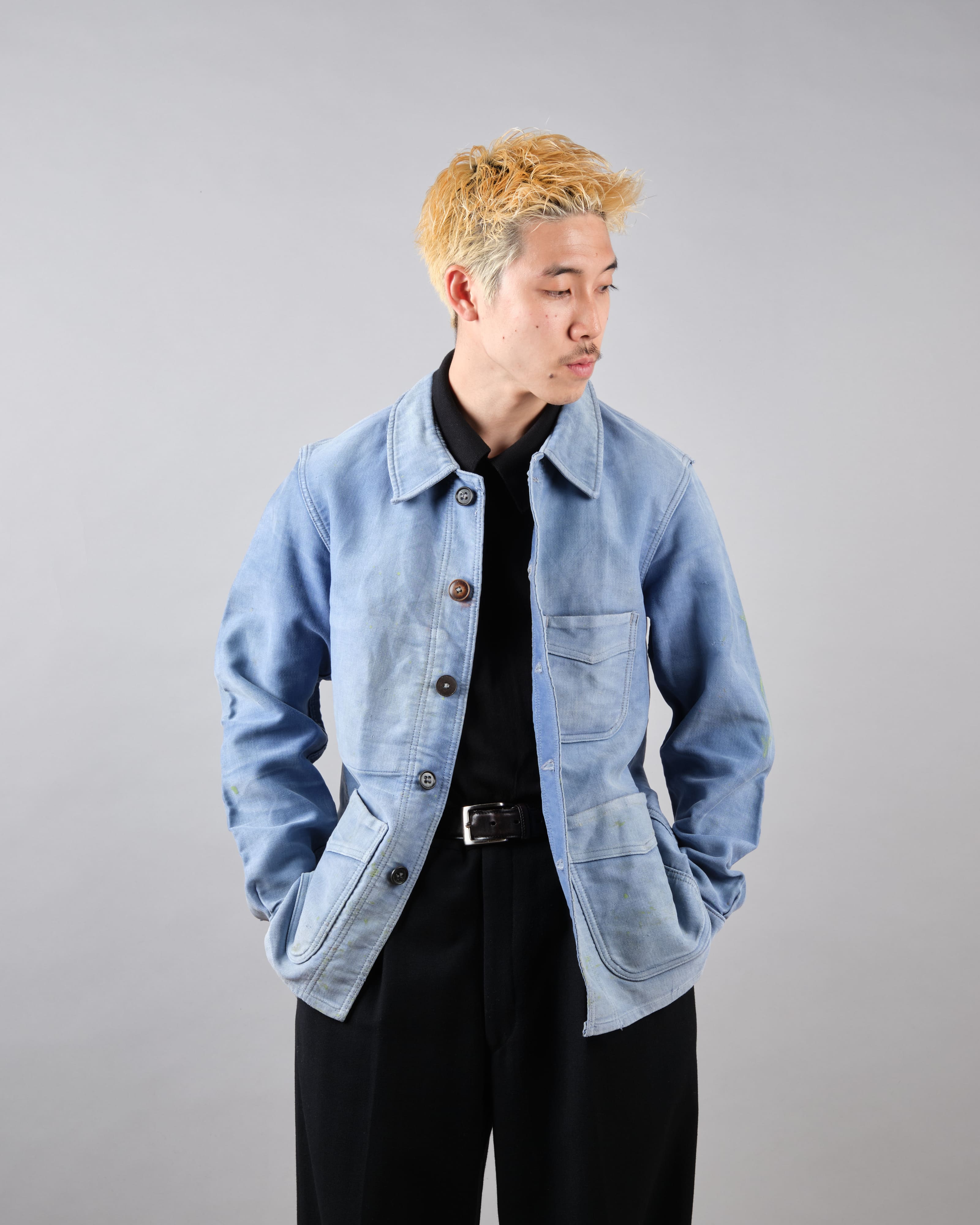 [~ 40's] Veste de travail de moleskin bleu vintage française "Adolphe Lafont"