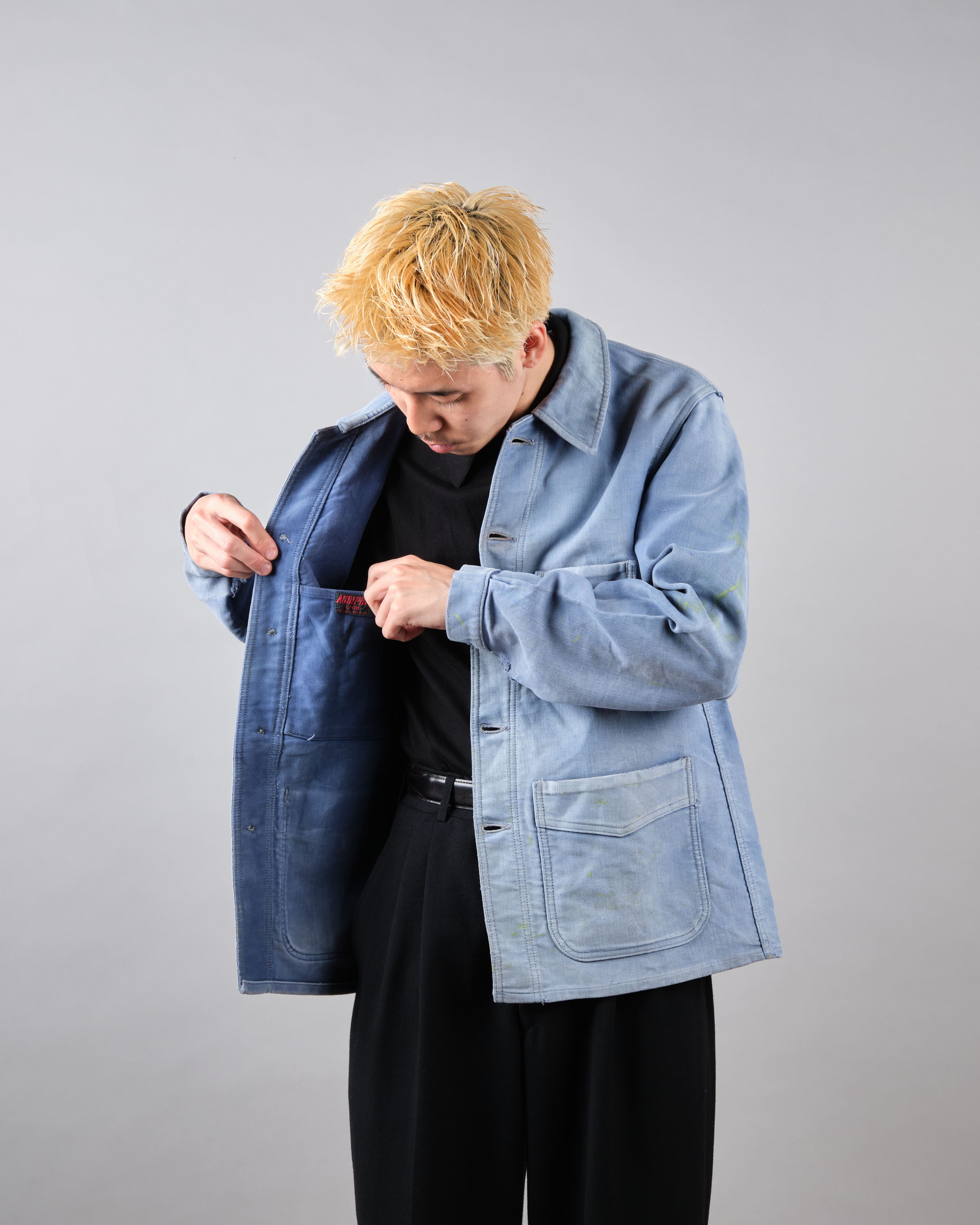 [~ 40's] Veste de travail de moleskin bleu vintage française "Adolphe Lafont"