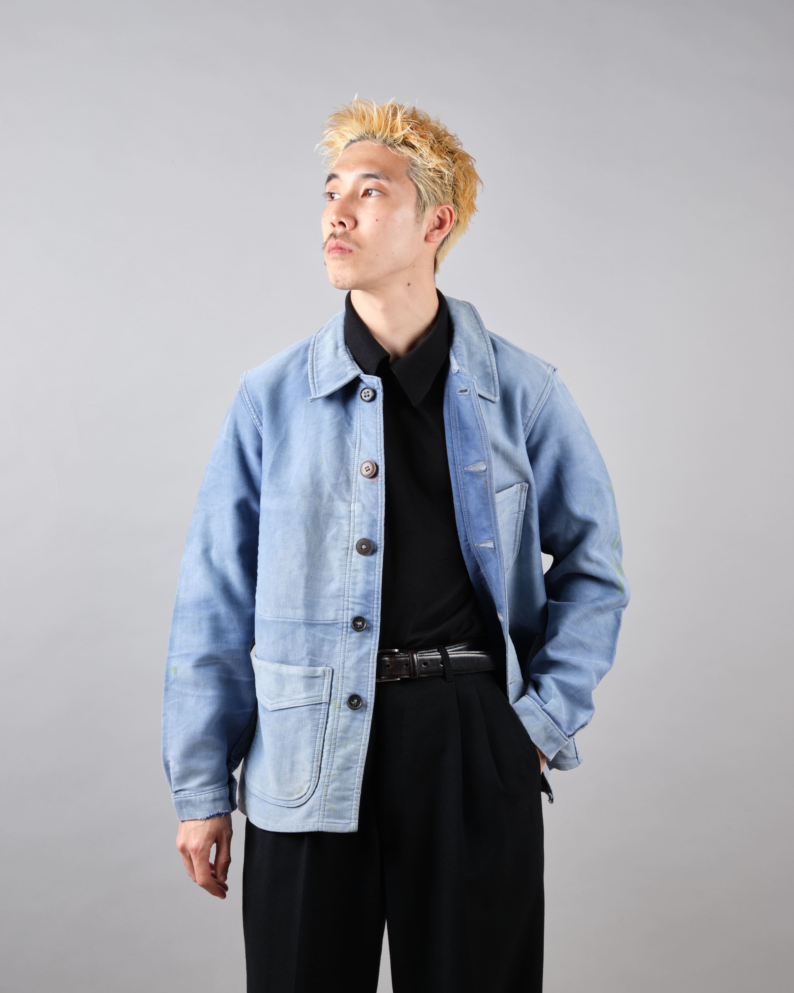 [~ 40's] Veste de travail de moleskin bleu vintage française "Adolphe Lafont"